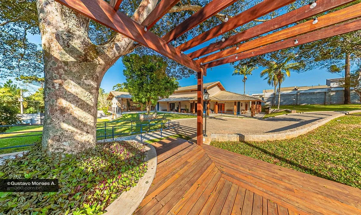 Deck de madeira sob pergolado em volta de uma árvore, com o jardim e as casas ao fundo