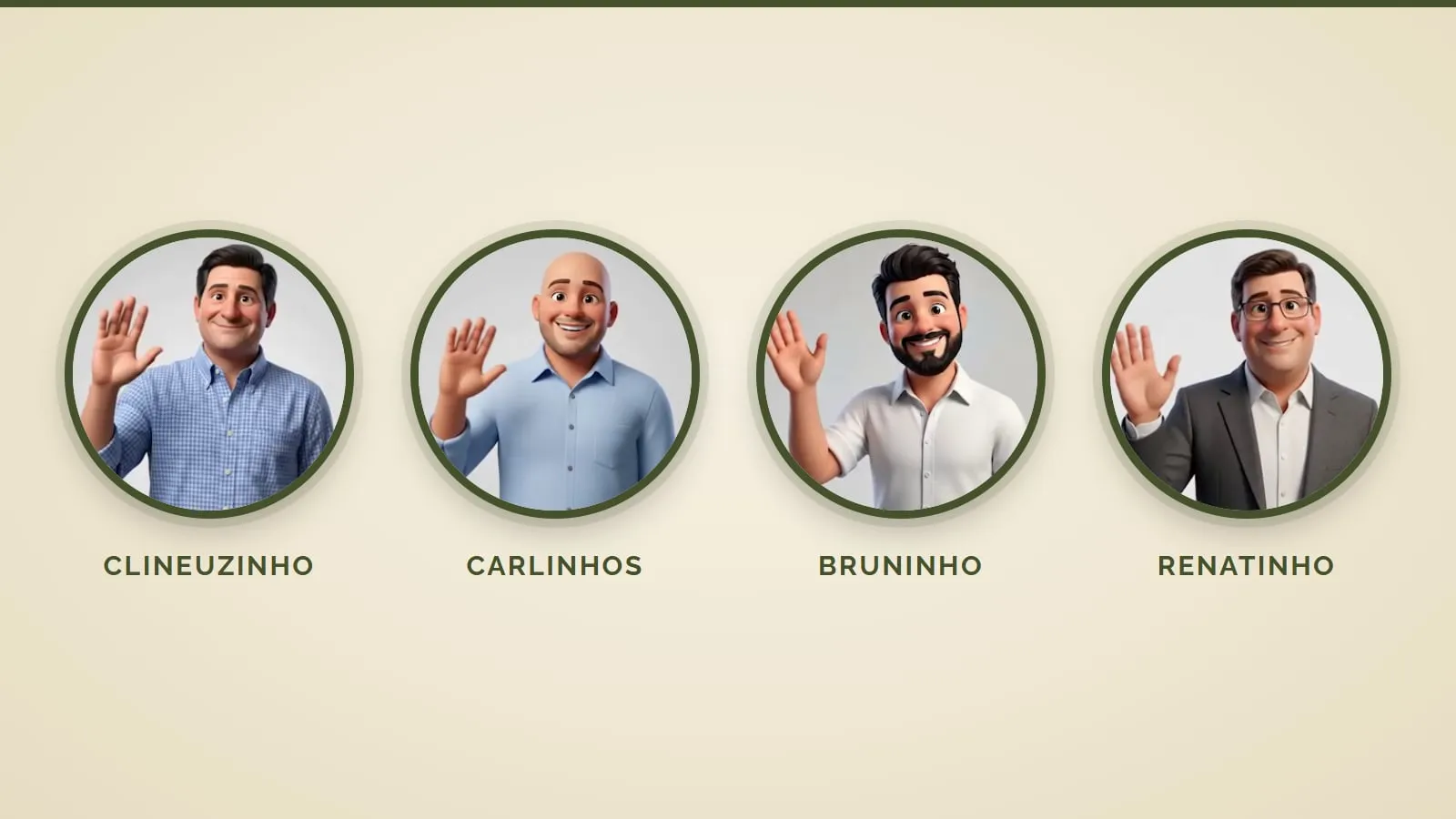 Os quatro sócios do Araucárias Residencial Sênior como personagens animados acenando, em círculos com borda verde: Clineuzinho, Carlinhos, Bruninho e Renatinho
