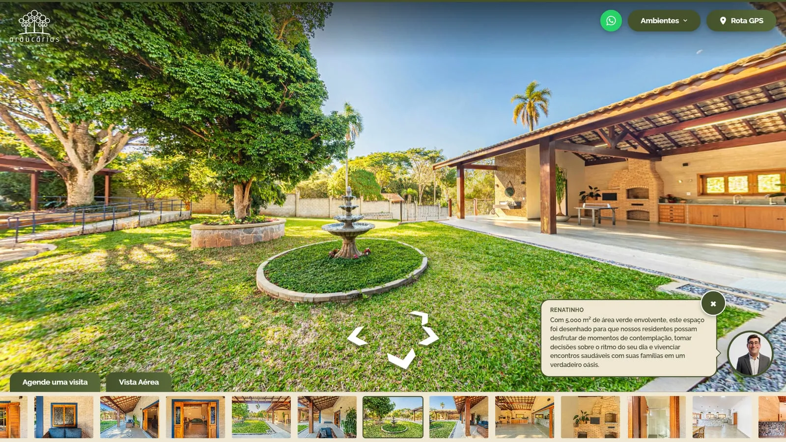 Jardim com chafariz, gramado e área gourmet coberta, com o avatar do Renatinho e o balão sobre os 5.000 m² de área verde