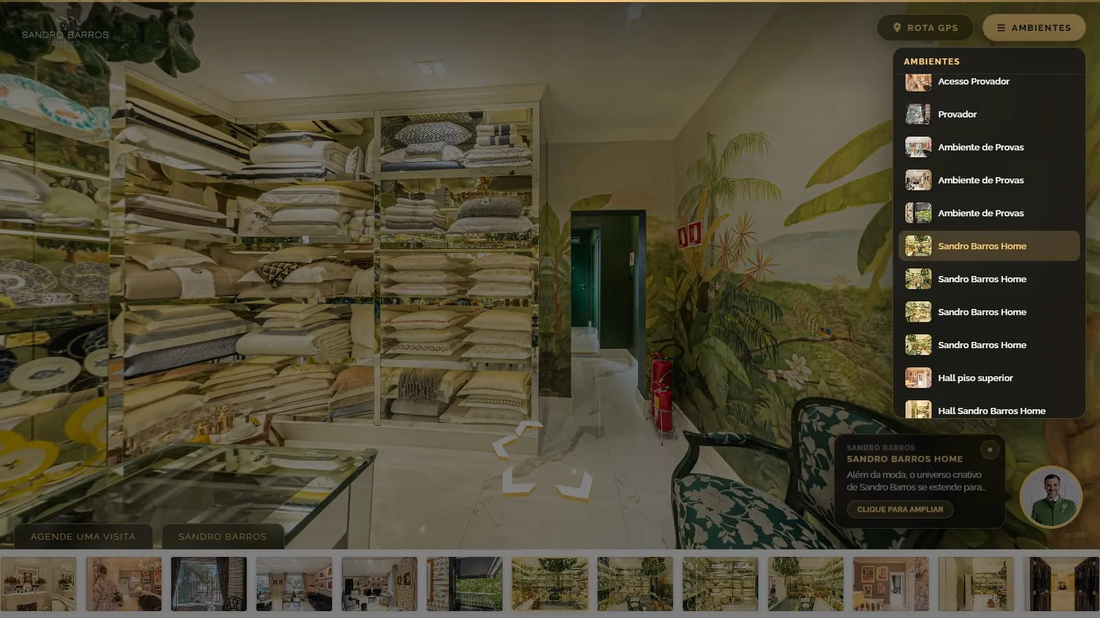 Painel Ambientes aberto sobre o Sandro Barros Home, no segundo andar, com a lista nomeada dos ambientes em miniaturas, do Acesso Provador ao Hall piso superior, e o ambiente atual marcado em dourado
