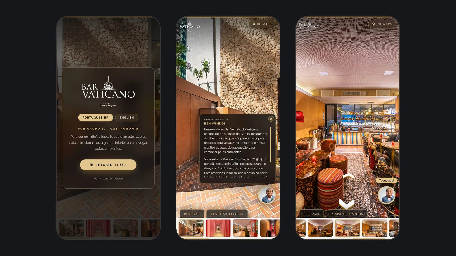 Três telas do tour no celular: a abertura com a escolha do idioma, a entrada com o balão de boas-vindas do chef aberto e o salão do bar com o avatar e a galeria no rodapé