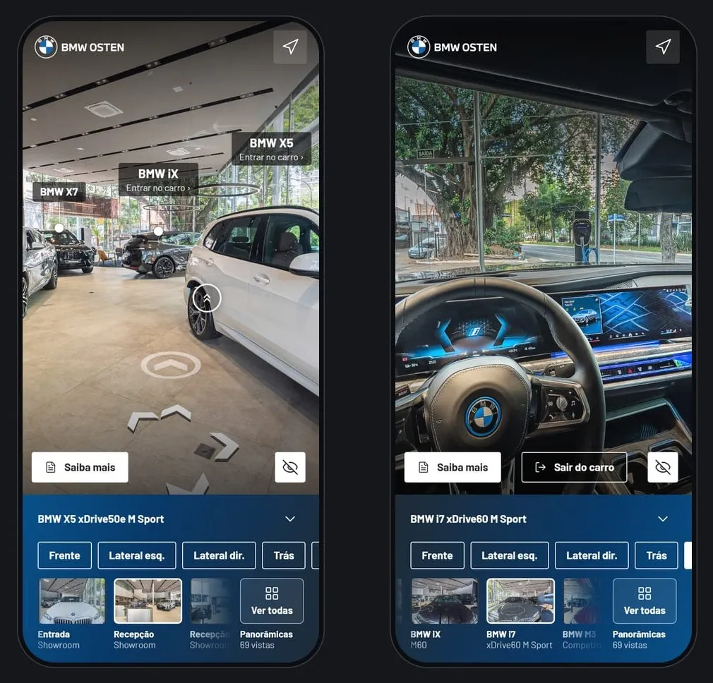 Dois celulares com o tour 360° da BMW Osten Perdizes: no primeiro, o showroom com o X5 branco, os rótulos do X5, do iX e do X7, as setas no chão, o botão Saiba mais e o botão olho; no segundo, o interior do i7 do banco do motorista, com o painel curvo, os botões Saiba mais e Sair do carro e a galeria com os chips de vista