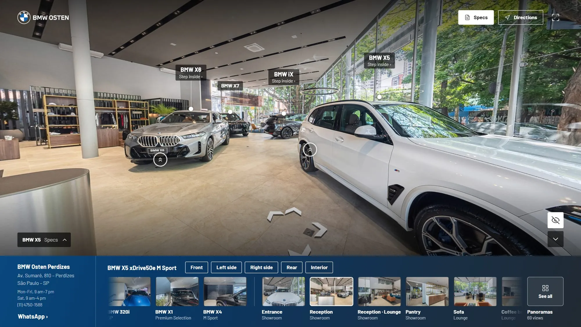 Tour 360° da BMW Osten Perdizes em inglês, no showroom, com os botões Specs e Directions no alto, os rótulos Step inside sobre o X6, o iX e o X5, a pílula BMW X5 Specs e os chips Front, Left side, Right side, Rear e Interior na galeria