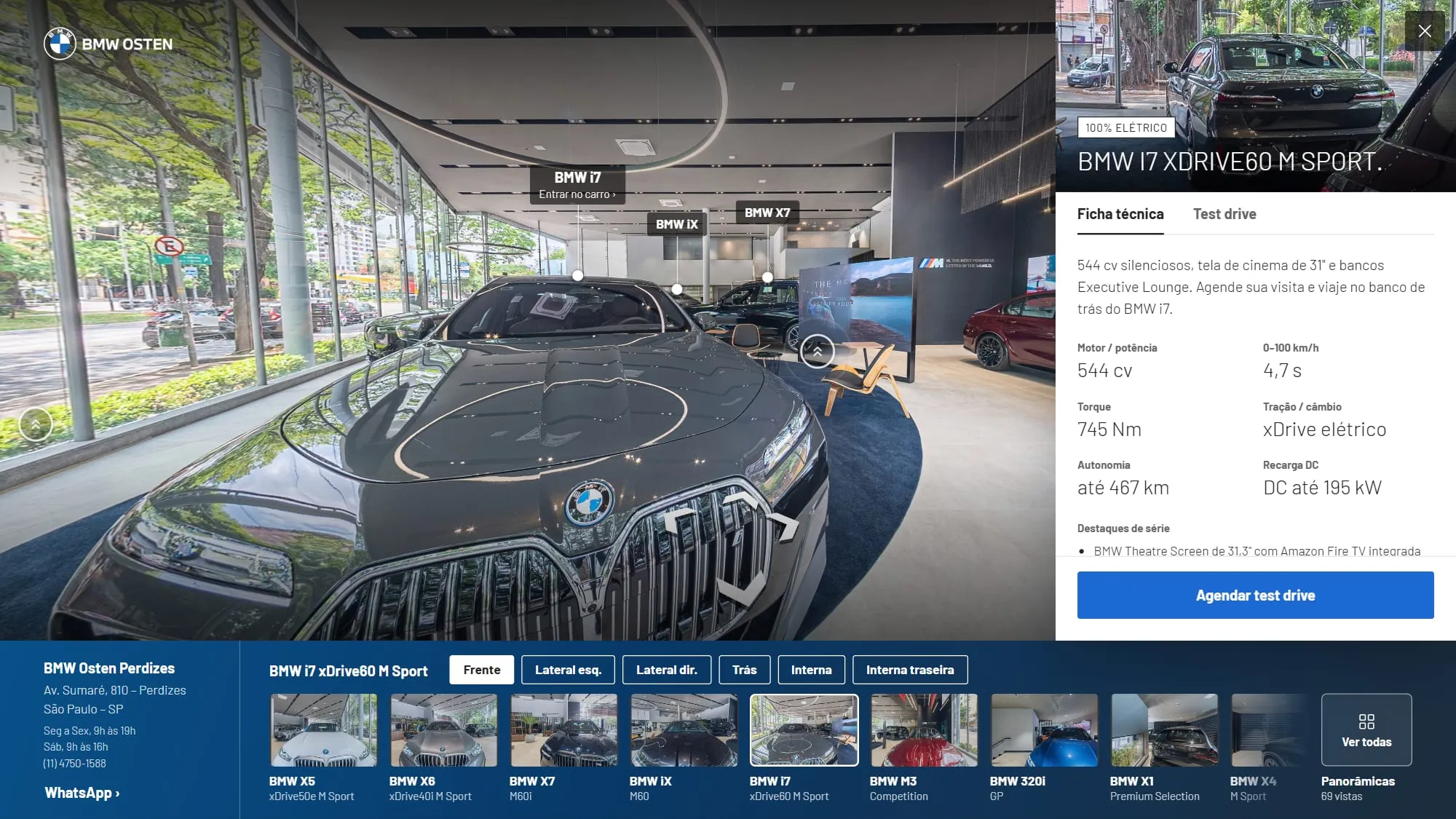 Ficha técnica do BMW i7 aberta no lado direito do tour 360° da BMW Osten Perdizes, com a foto do carro no alto, o selo 100% Elétrico, as abas Ficha técnica e Test drive, os campos de motor e potência, aceleração, torque, tração, autonomia e recarga e o botão Agendar test drive no pé do painel, ao lado do i7 cinza no showroom