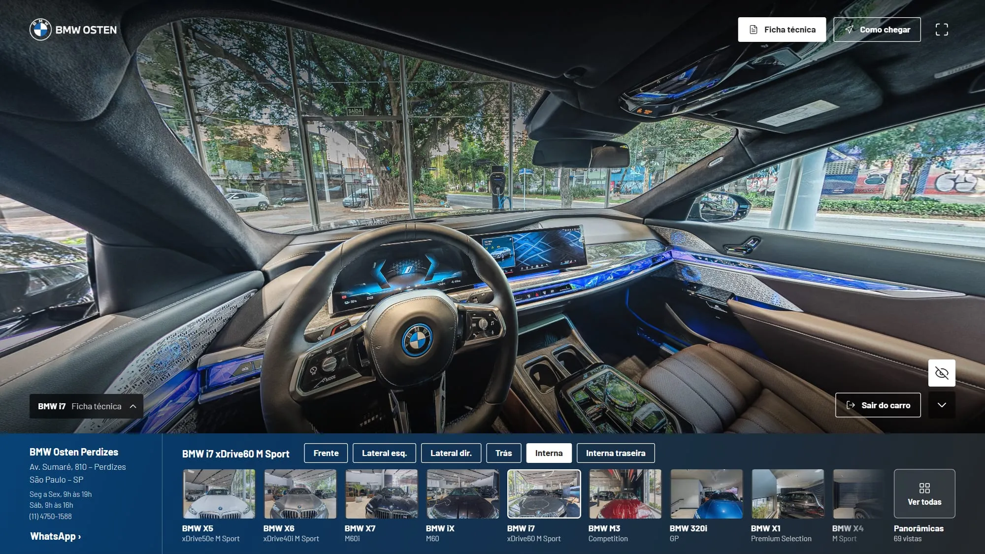 Tour 360° dentro do BMW i7, do banco do motorista, com o painel curvo de telas, a faixa de luz azul no painel e nas portas e a avenida pelo para-brisa, e a barra inferior com os botões Interna e Interna traseira