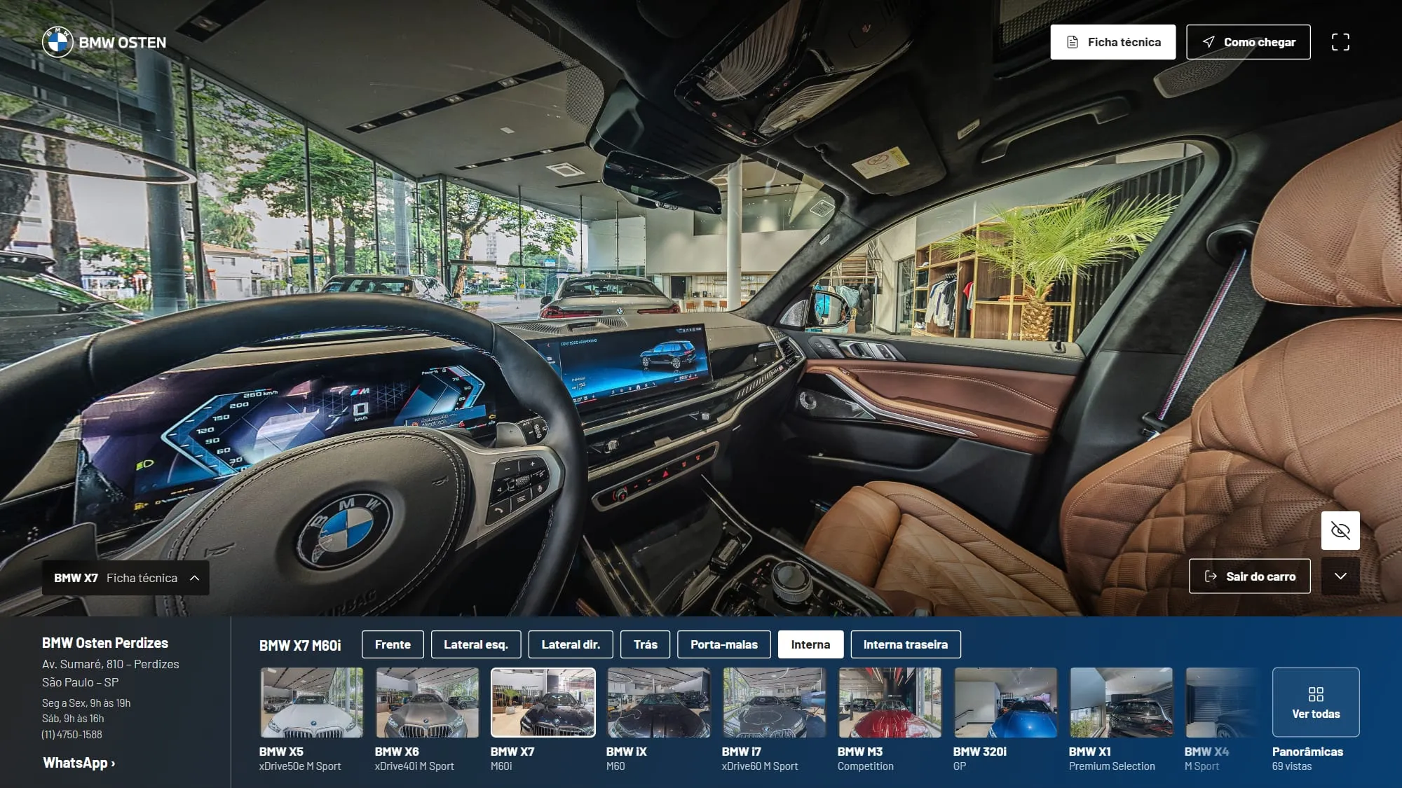 Tour 360° dentro do BMW X7, com o volante, o painel de telas, os bancos de couro caramelo e o salão pelos vidros, o botão Sair do carro no canto e a barra inferior com Frente, Lateral esq., Lateral dir., Trás, Porta-malas, Interna e Interna traseira