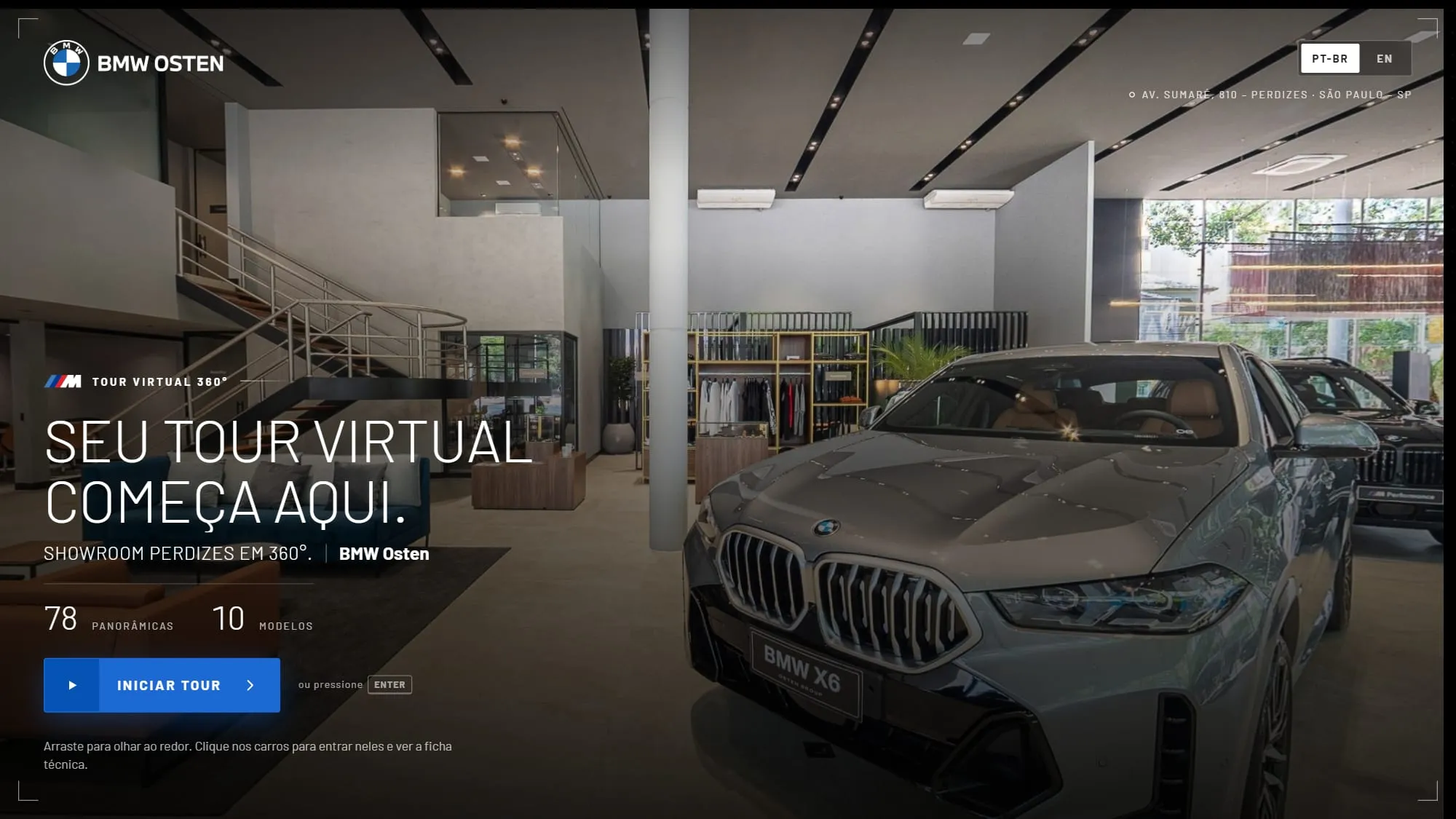 Tela de abertura do tour da BMW Osten Perdizes, com o título Seu tour virtual começa aqui, Showroom Perdizes em 360°, os números 78 panorâmicas e 10 modelos, o botão Iniciar tour e o seletor PT-BR e EN, sobre o salão com um BMW X6 prata