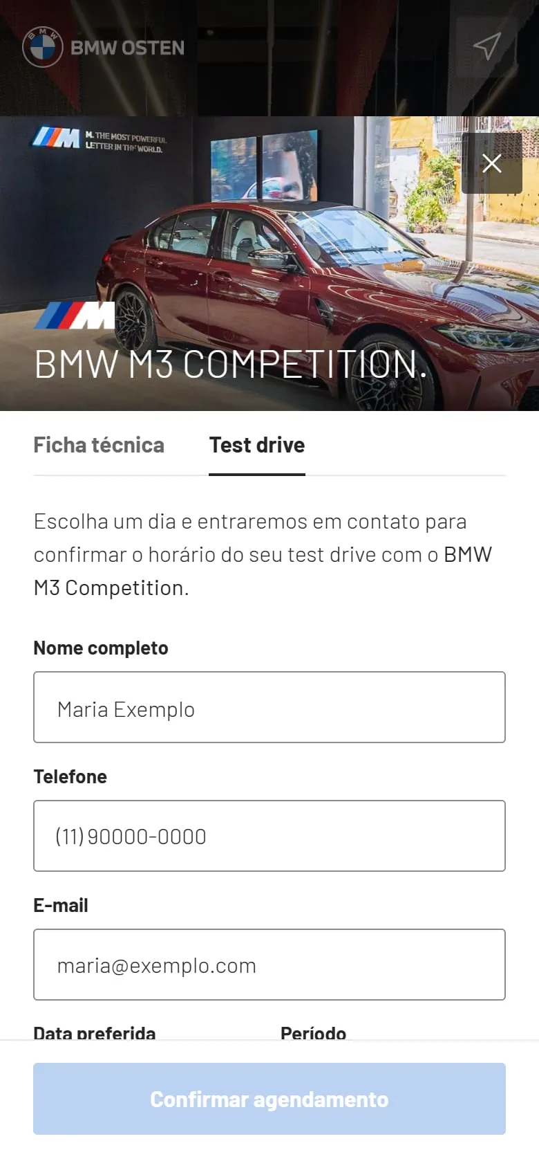 Aba Test drive do BMW M3 Competition no celular, com a frase Escolha um dia e entraremos em contato, os campos Nome completo, Telefone e E-mail preenchidos com dados de exemplo, Data preferida, Período e o botão Confirmar agendamento