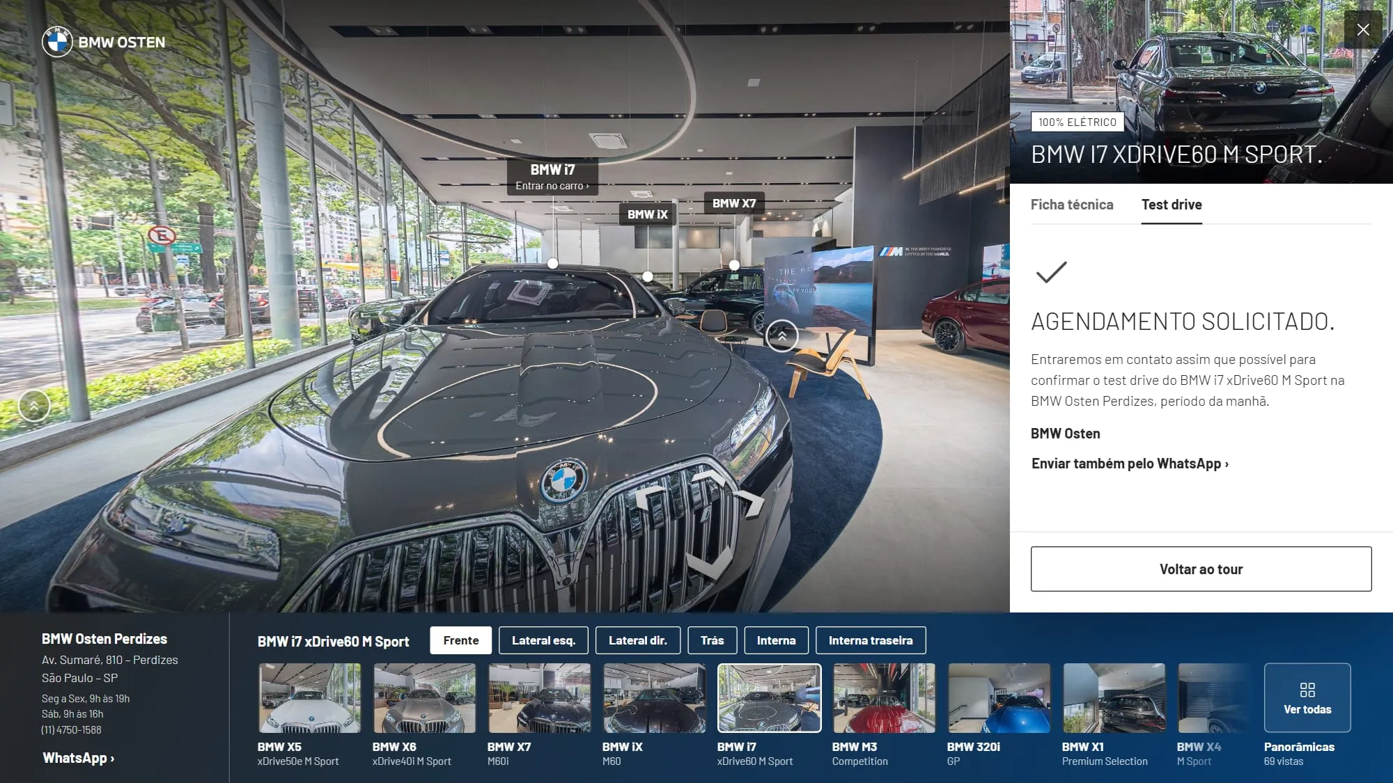 Tela Agendamento solicitado. no painel do BMW i7 xDrive60 M Sport, com o aviso de que a loja entrará em contato para confirmar o test drive na BMW Osten Perdizes no período da manhã, o link Enviar também pelo WhatsApp e o botão Voltar ao tour, com o i7 no salão ao lado