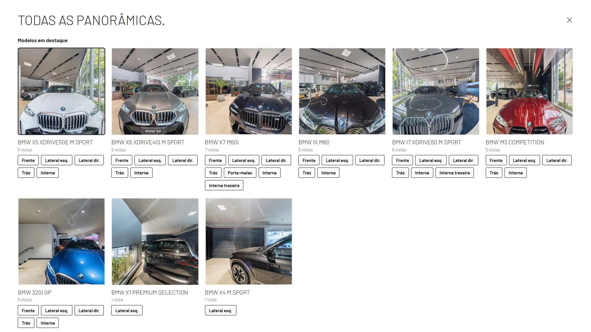 Painel Todas as panorâmicas do tour 360° da BMW Osten Perdizes, com a seção Modelos em destaque: miniaturas do X5, do X6, do X7, do iX, do i7, do M3, do 320i, do X1 e do X4, o número de vistas de cada um e os botões Frente, Lateral esq., Lateral dir., Trás, Porta-malas, Interna e Interna traseira