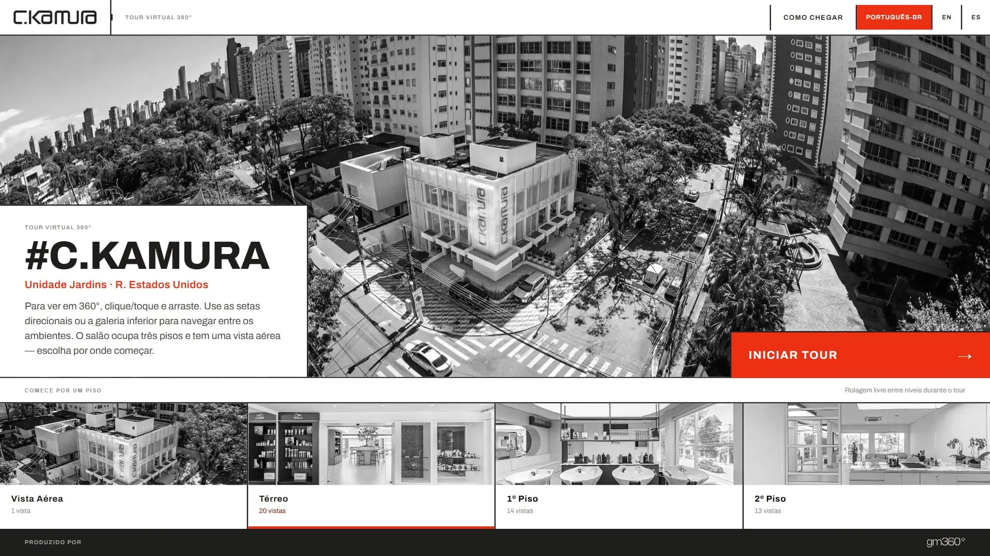 Tela de abertura do tour do C.Kamura no computador, com a foto aérea em preto e branco do prédio de esquina, o título #C.Kamura, Unidade Jardins, a instrução de navegação, o botão vermelho Iniciar Tour, Como chegar e o seletor de idioma no alto e os cartões Vista Aérea, Térreo, 1º Piso e 2º Piso com o número de vistas