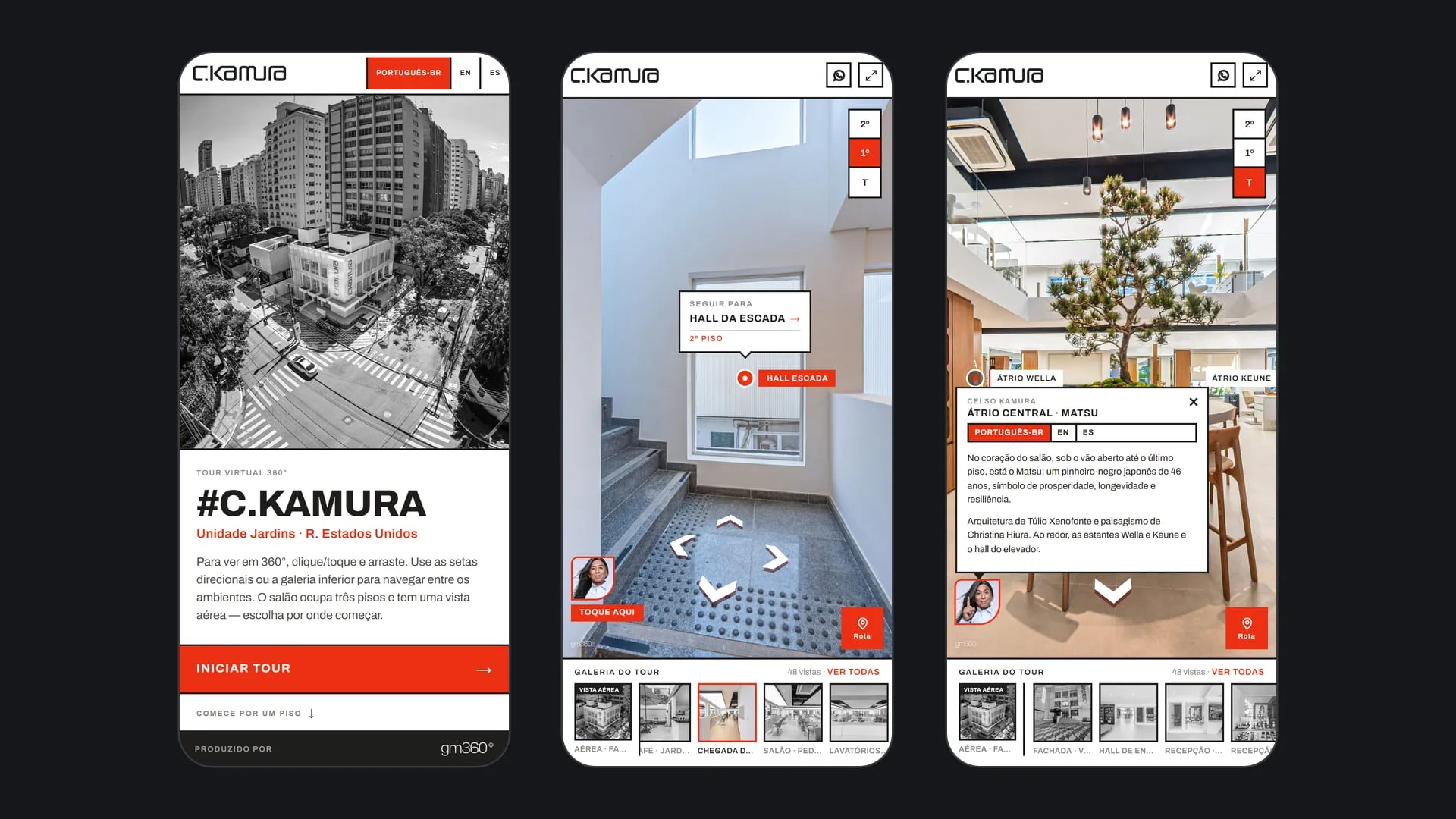 Três telas de celular com o tour do C.Kamura Jardins: a abertura, a escada com o chip Hall Escada e o balão do Celso Kamura aberto no átrio