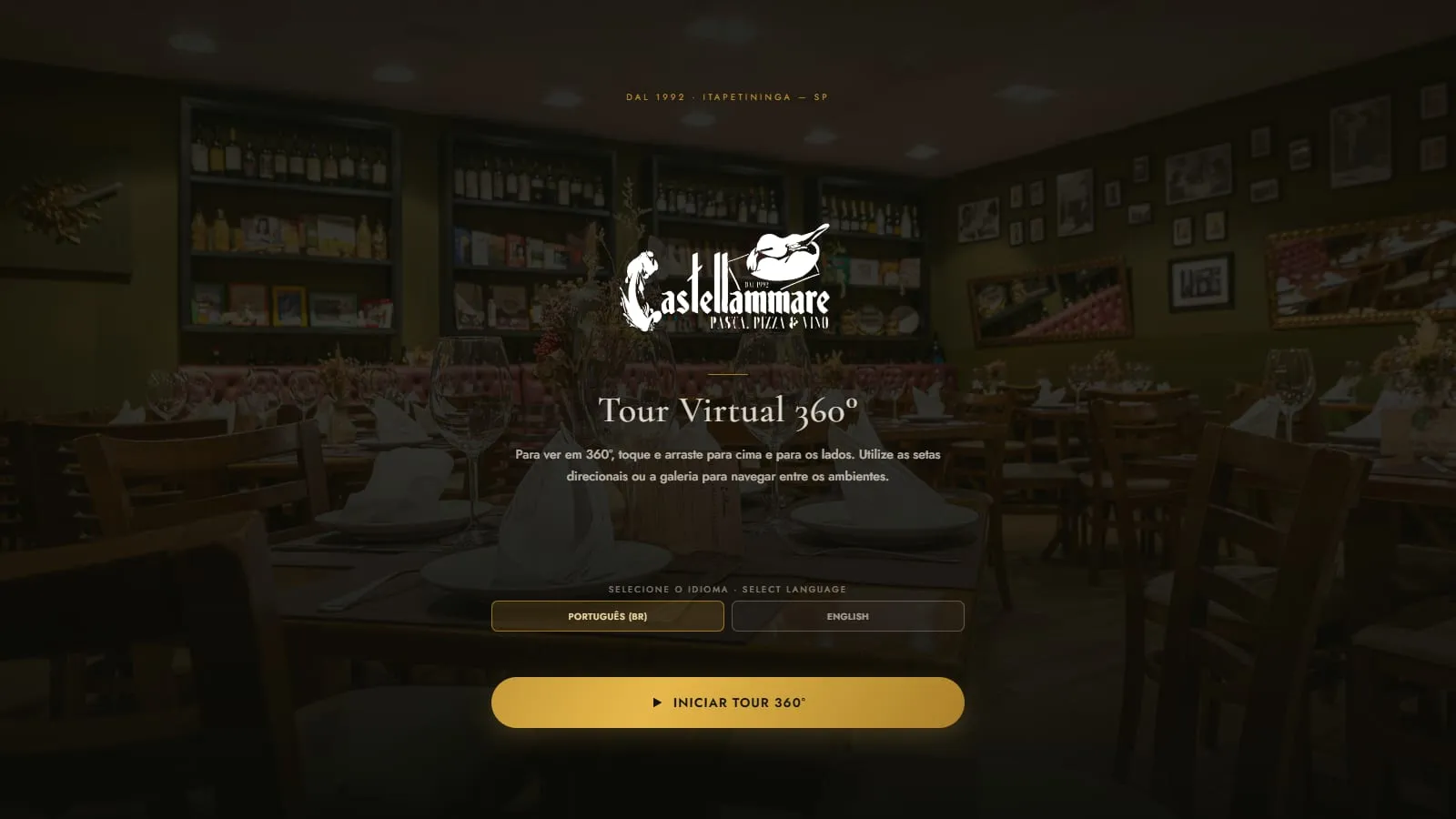 Tela de abertura do tour da Cantina Castellammare, com o logotipo, o título Tour Virtual 360°, a escolha entre português e inglês e o botão Iniciar Tour 360° sobre o salão
