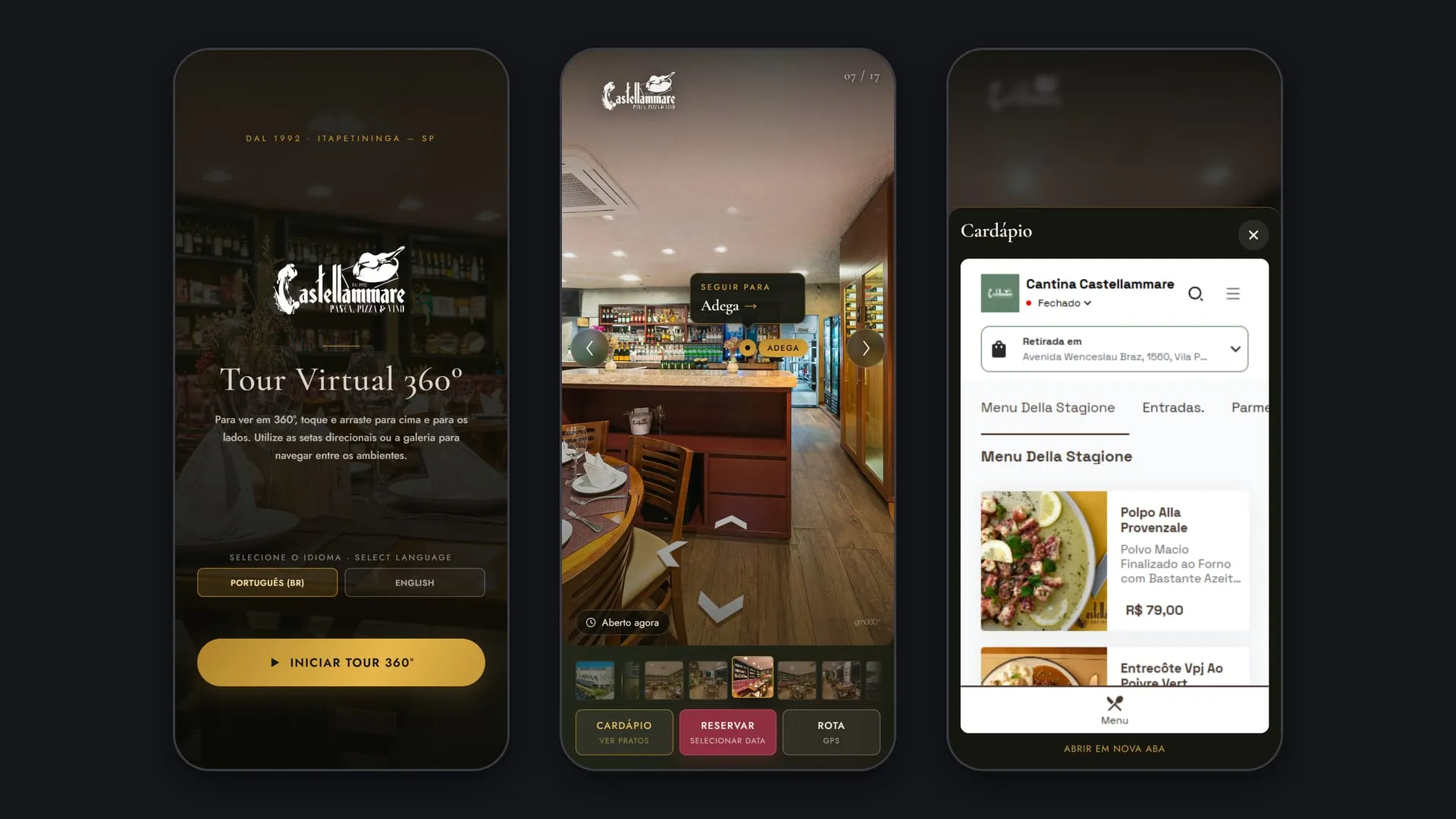 Três telas de celular do tour virtual 360° da Cantina Castellammare: abertura com escolha de idioma, salão com ponto de navegação para a adega e cardápio aberto dentro do tour