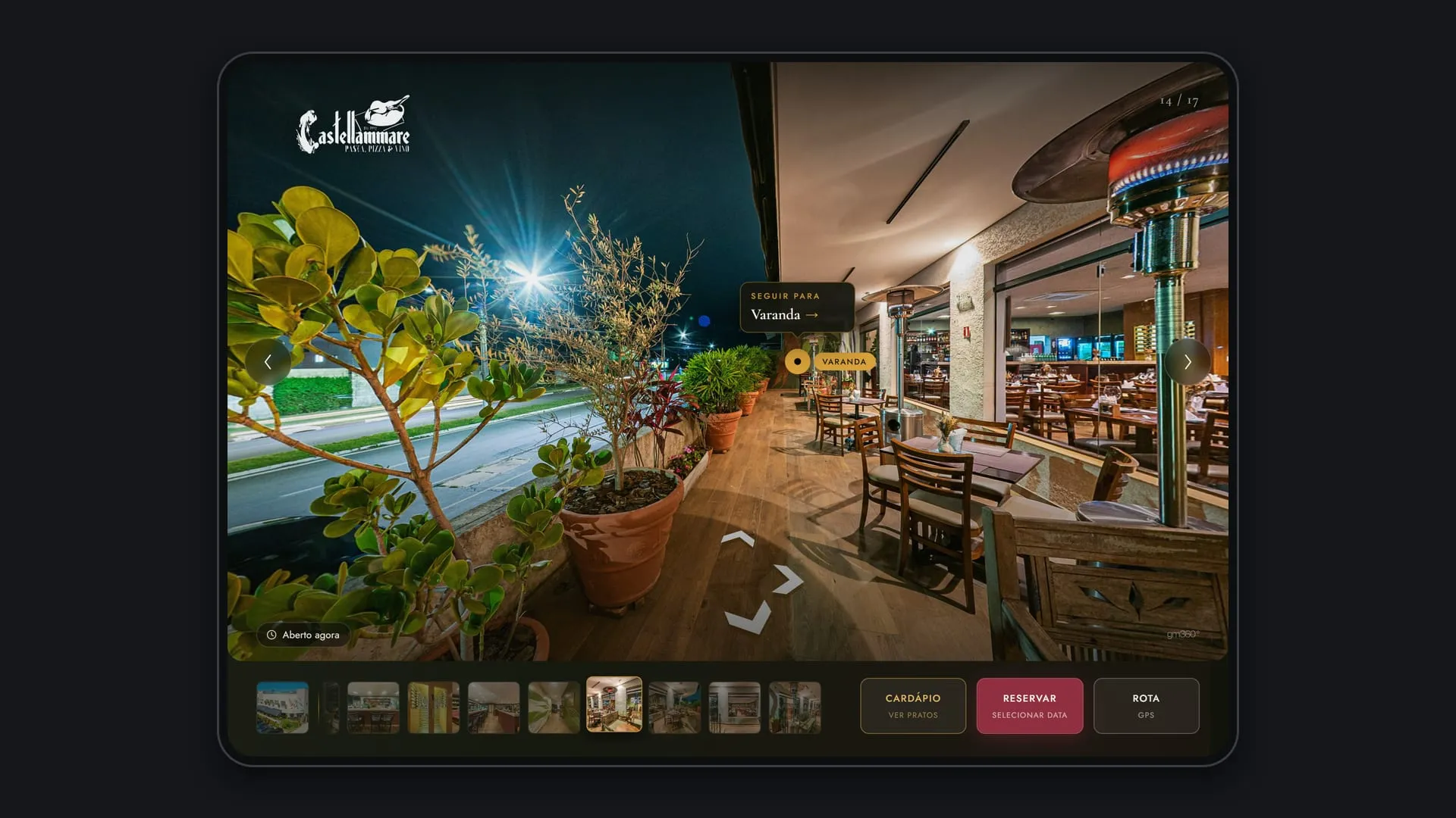 Tablet na horizontal com o tour 360° da Cantina Castellammare na varanda, com ponto de navegação, galeria de ambientes e botões de cardápio, reserva e rota