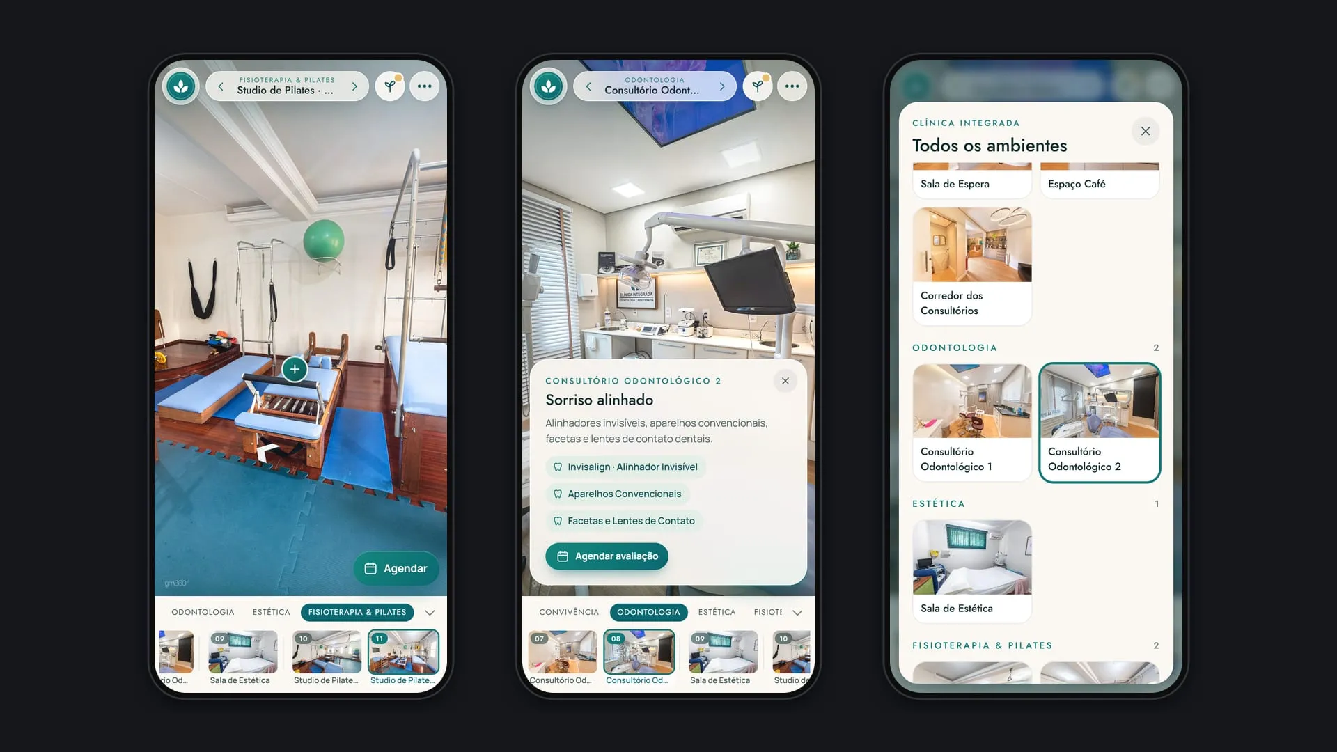 Três telas do tour no celular: o studio de Pilates com os aparelhos de madeira sobre o piso azul, o consultório odontológico 2 com o ponto Sorriso alinhado aberto e a lista Todos os ambientes separada por grupos