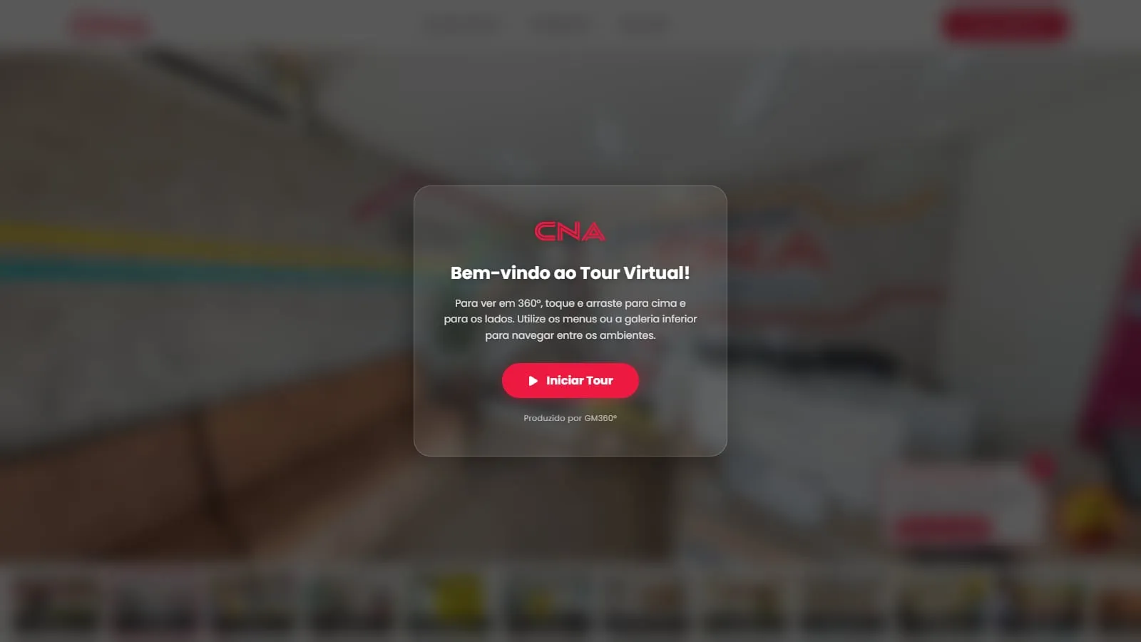 Tela de abertura do tour do CNA Itapetininga, com o logotipo vermelho, o título Bem-vindo ao Tour Virtual!, a instrução de arrastar para ver em 360° e o botão Iniciar Tour sobre a recepção desfocada