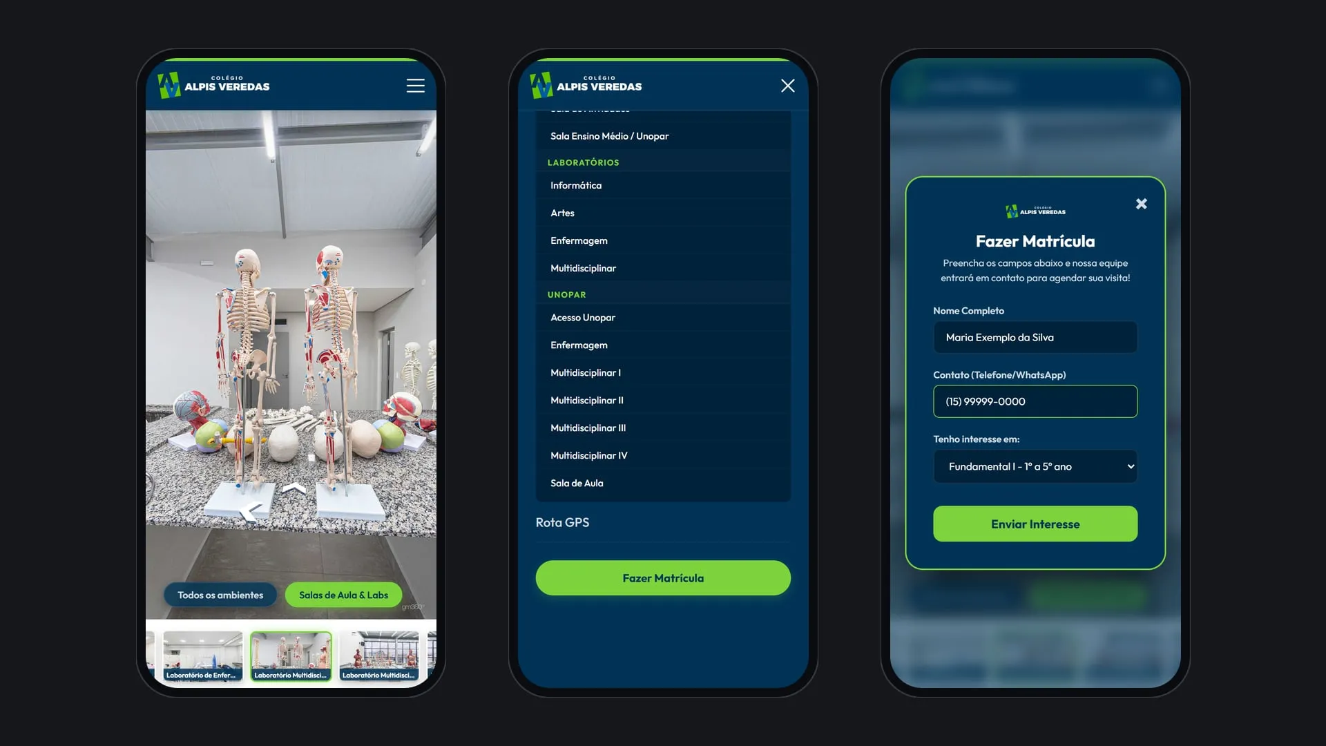 Três telas do tour no celular: o laboratório multidisciplinar com o filtro Salas de Aula e Labs ativo, o fim do menu com Laboratórios, Unopar, Rota GPS e Fazer Matrícula, e o formulário de matrícula com Fundamental I selecionado