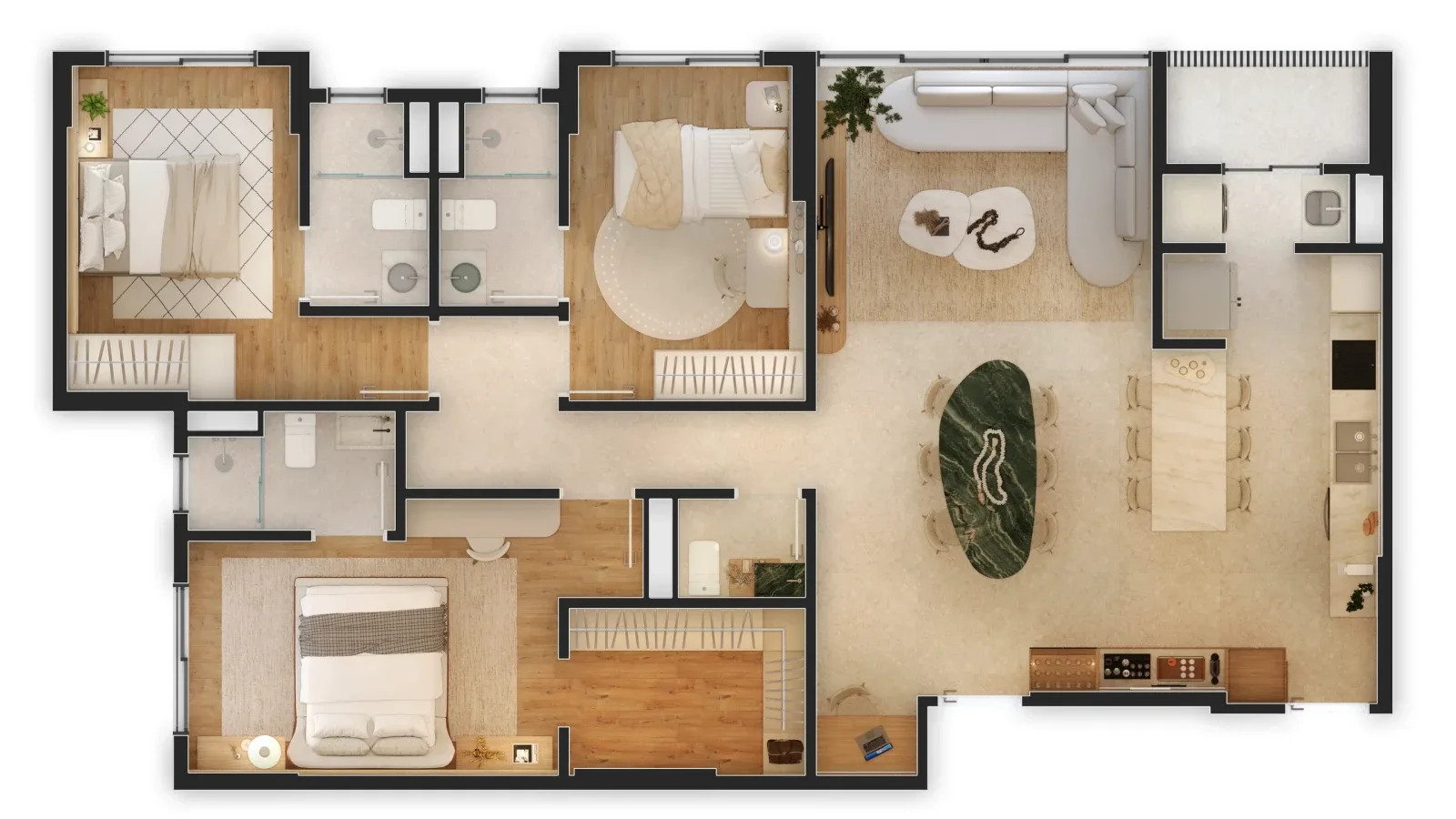 Planta humanizada do apartamento decorado do Grand’Oro Vila Barth, com 126 m² e 3 suítes: living integrado à cozinha e à área de serviço à direita, suítes e hall íntimo à esquerda
