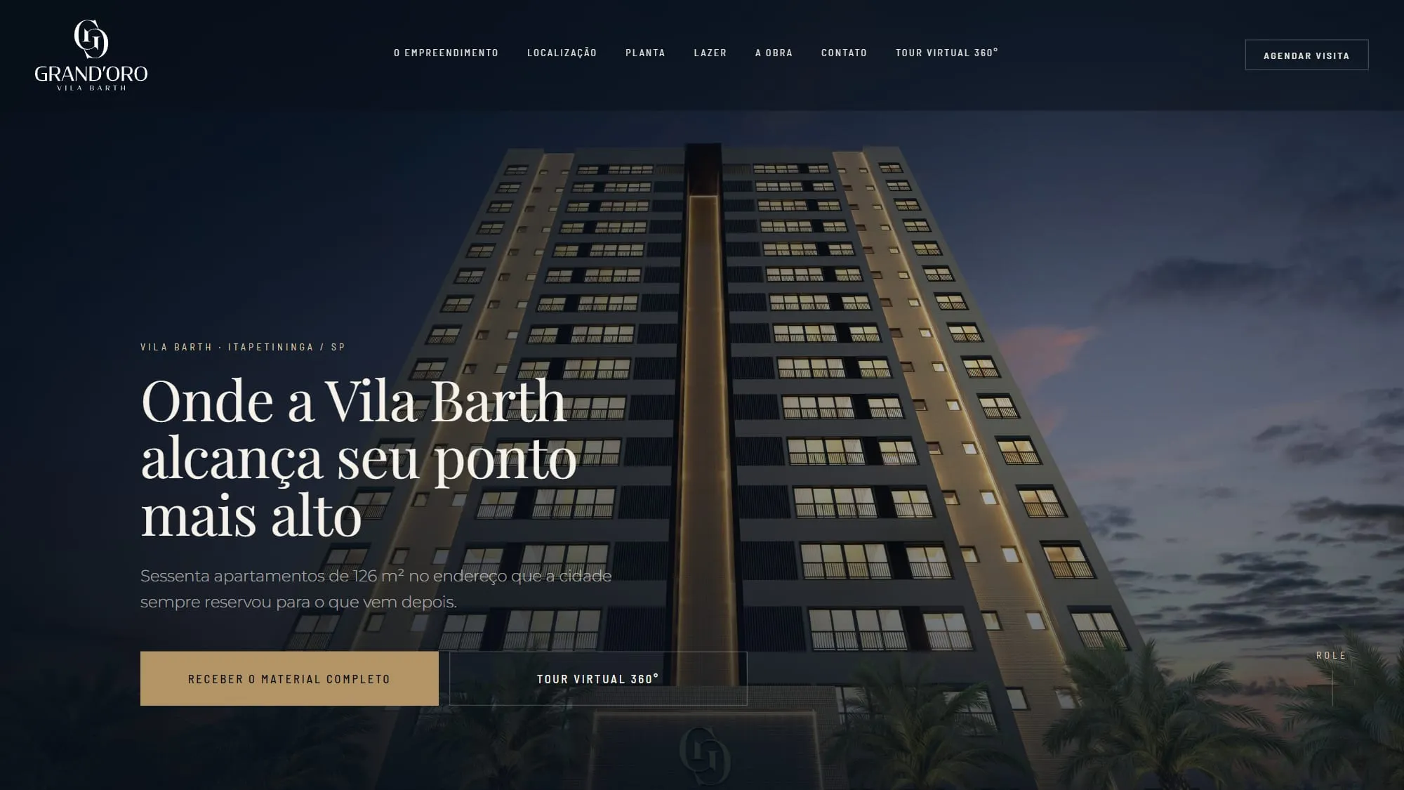Abertura do site do Grand'Oro Vila Barth com a fachada noturna da torre, o título Onde a Vila Barth alcança seu ponto mais alto e os botões para receber o material e abrir o tour 360°