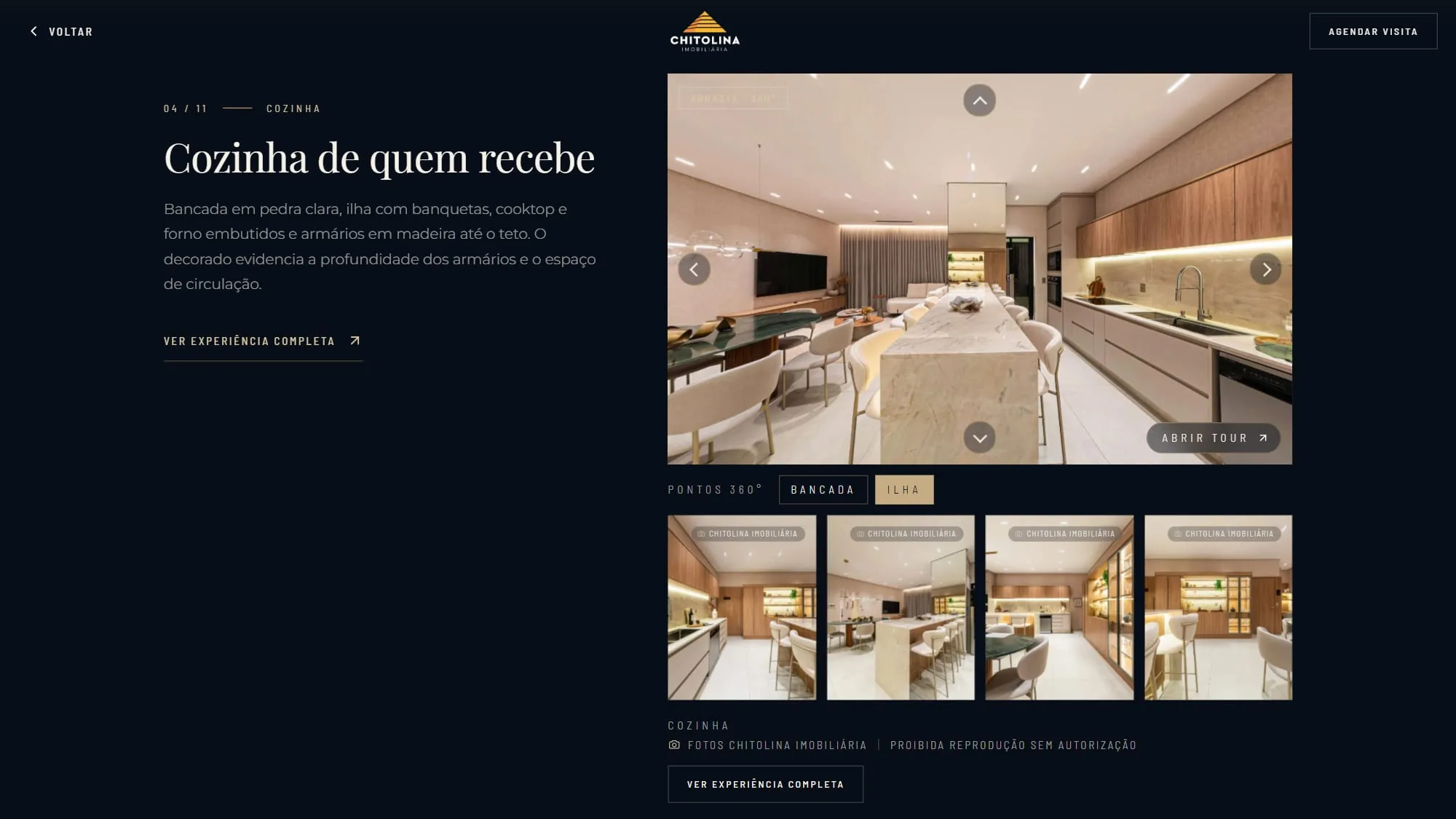 Bloco da cozinha na página do decorado, com o 360° embutido ativo, os botões Bancada e Ilha e as fotos do ambiente abaixo