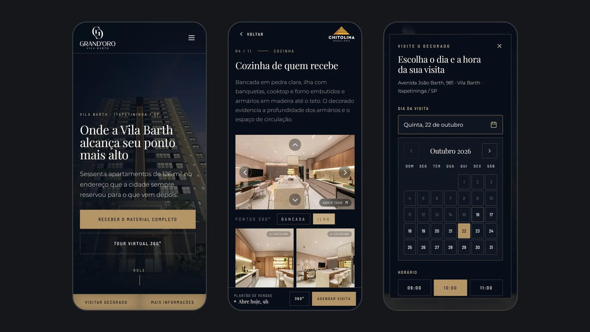 Três telas do site no celular: a abertura com a barra fixa Visitar decorado, a cozinha do decorado em 360° e o calendário de agendamento