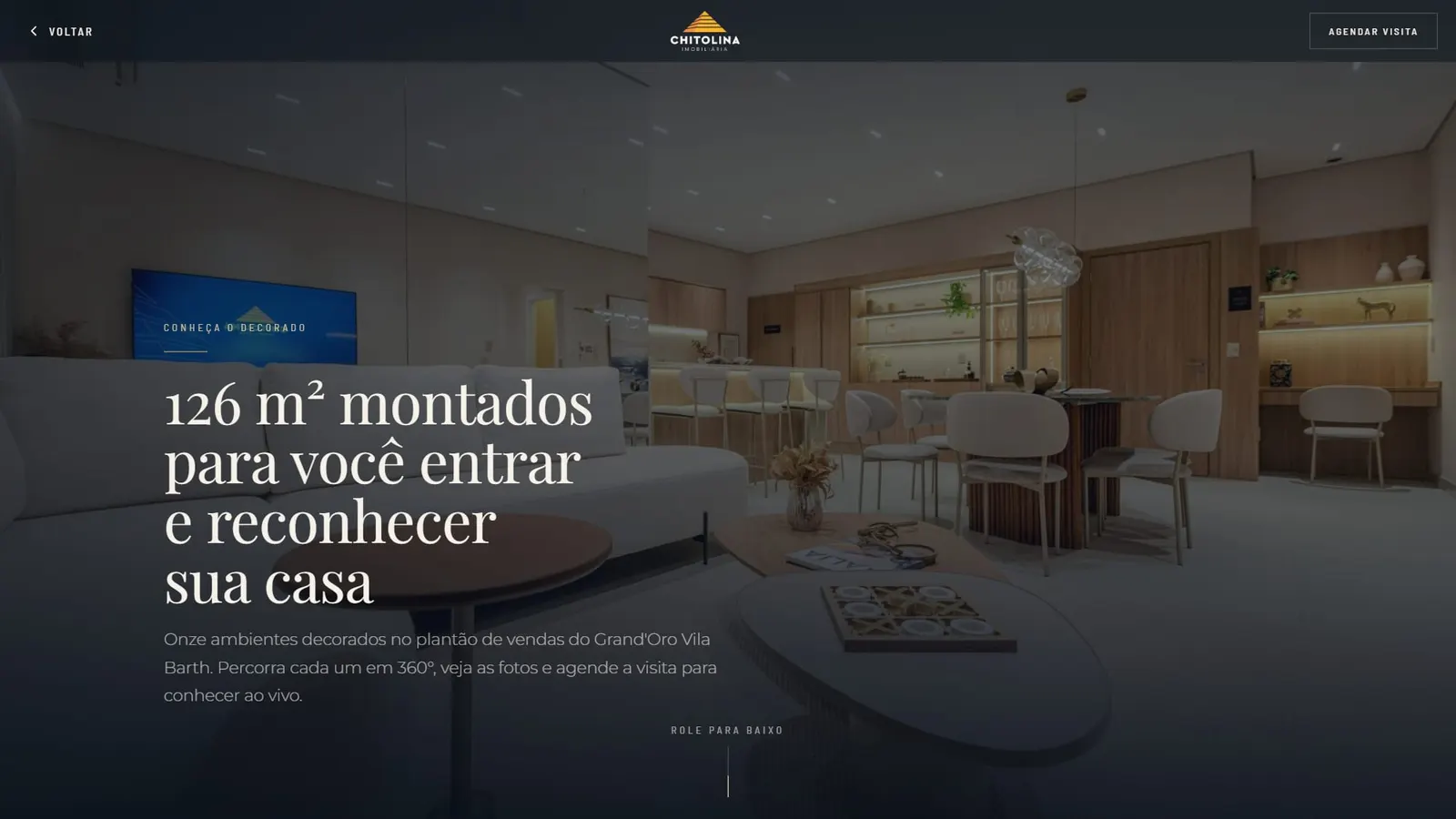 Página do apartamento decorado do Grand'Oro Vila Barth no site do empreendimento, com fotos dos ambientes e o botão para abrir o tour 360°