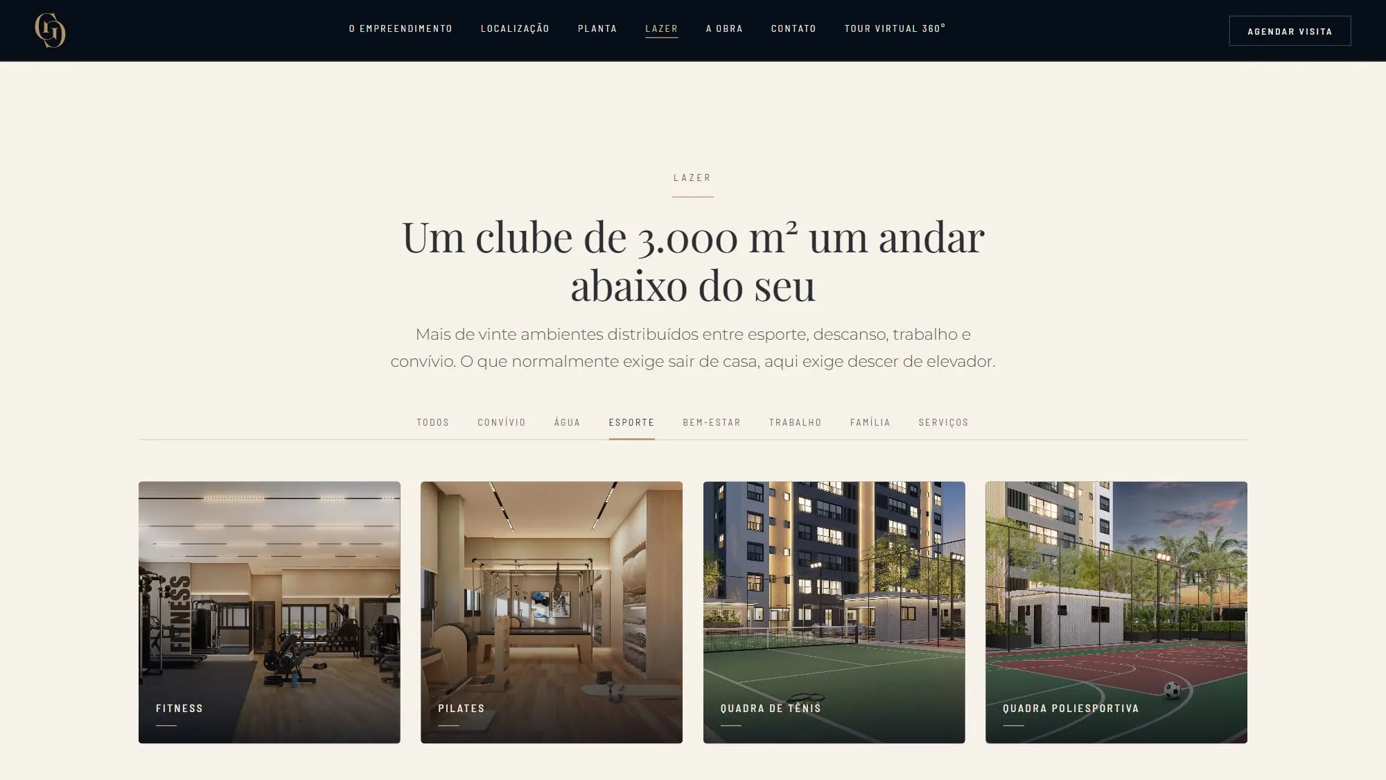 Seção de lazer do site com o filtro Esporte ativo, mostrando fitness, pilates, quadra de tênis e quadra poliesportiva