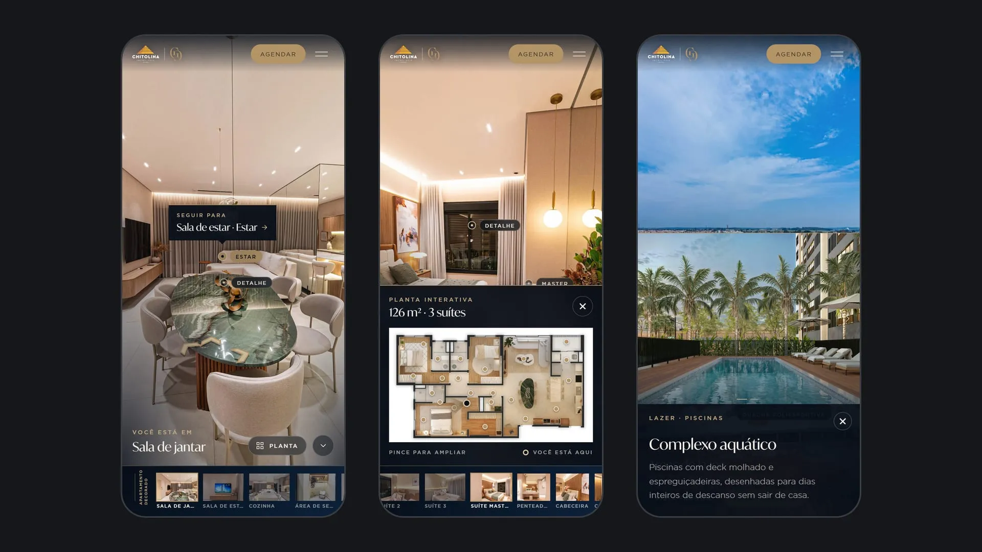 Três telas do tour no celular: o tooltip Seguir para com as etiquetas dos pontos, a planta interativa em folha inferior e o card Complexo aquático da vista aérea