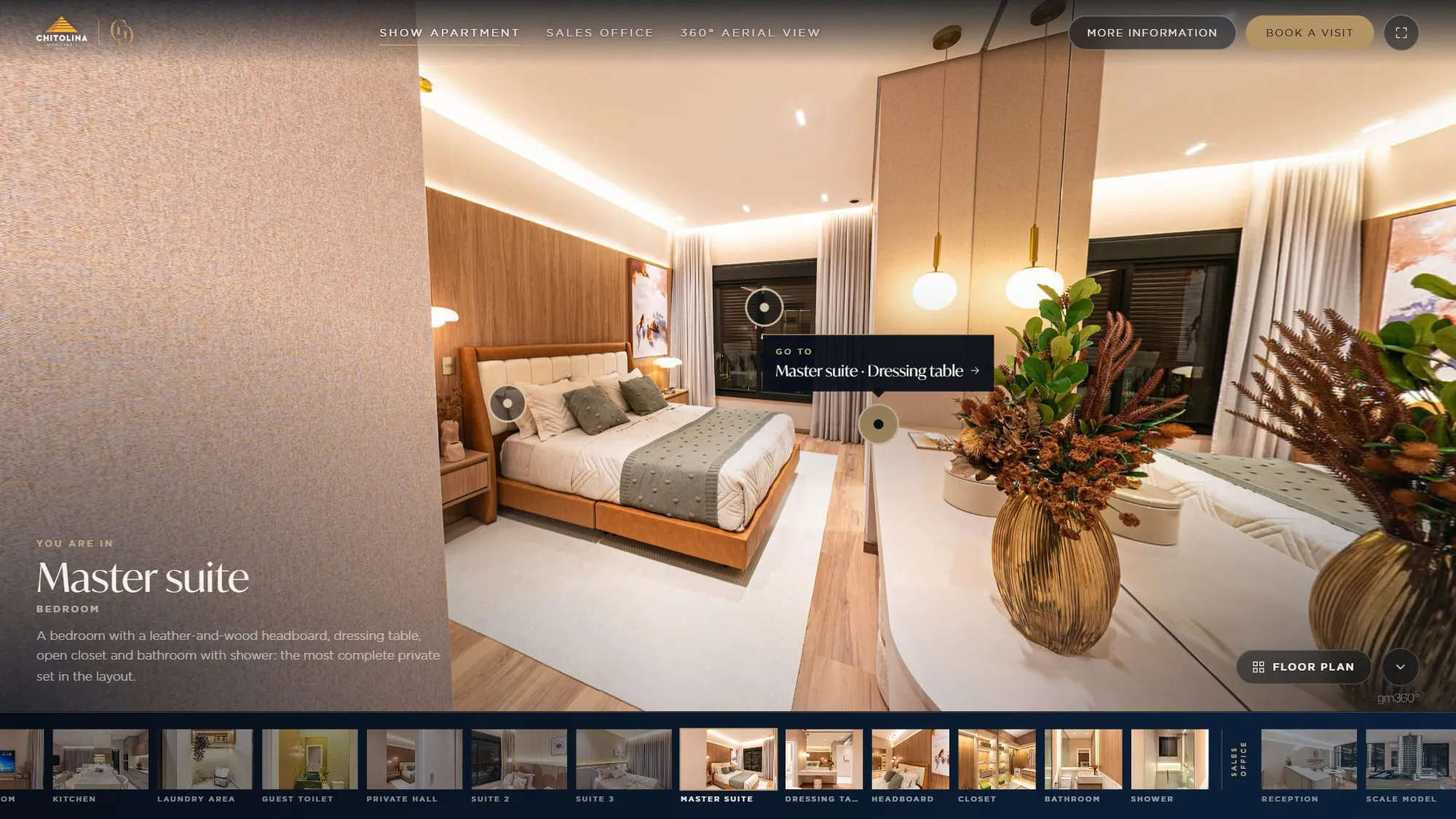 Interface do tour em inglês na suíte master, com o tooltip Go to, Master suite, Dressing table, e os menus Show apartment, Sales office e Book a visit