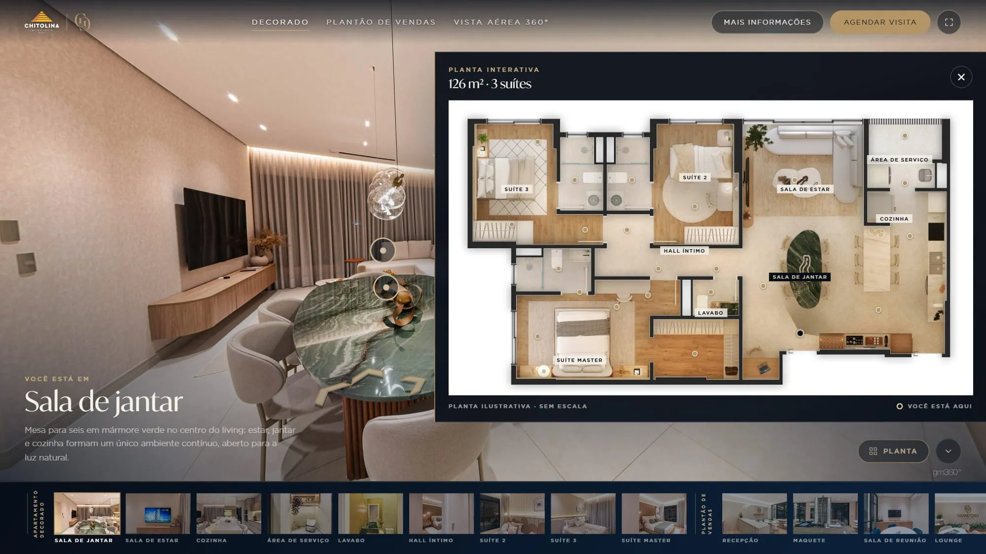Planta interativa do apartamento de 126 m² e 3 suítes aberta em gaveta lateral, com o marcador Você está aqui e o cone de visão apontando para a mesa de jantar