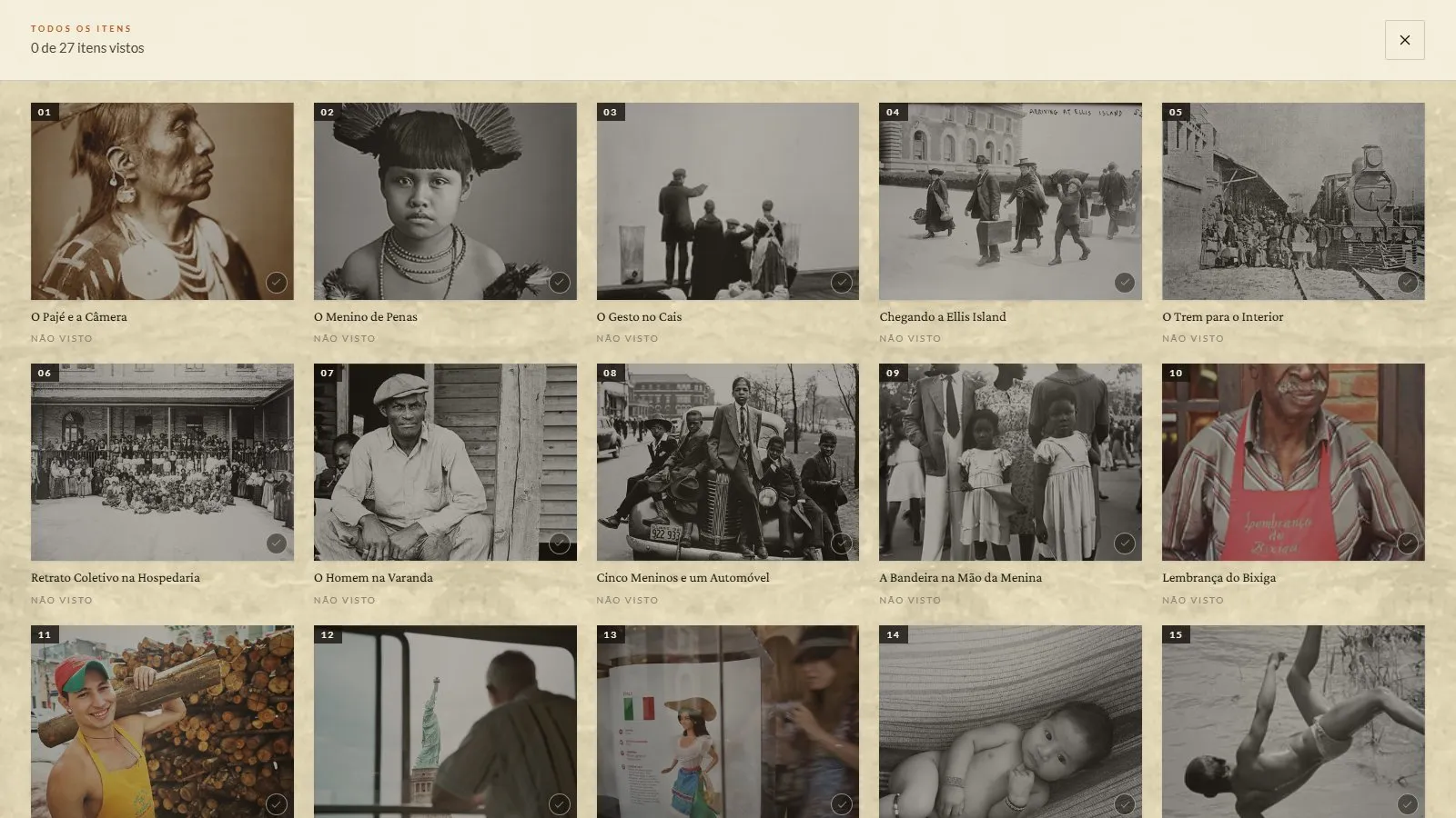 Grade Todos os itens do tour, com as fotografias numeradas e a marcação de visto ou não visto