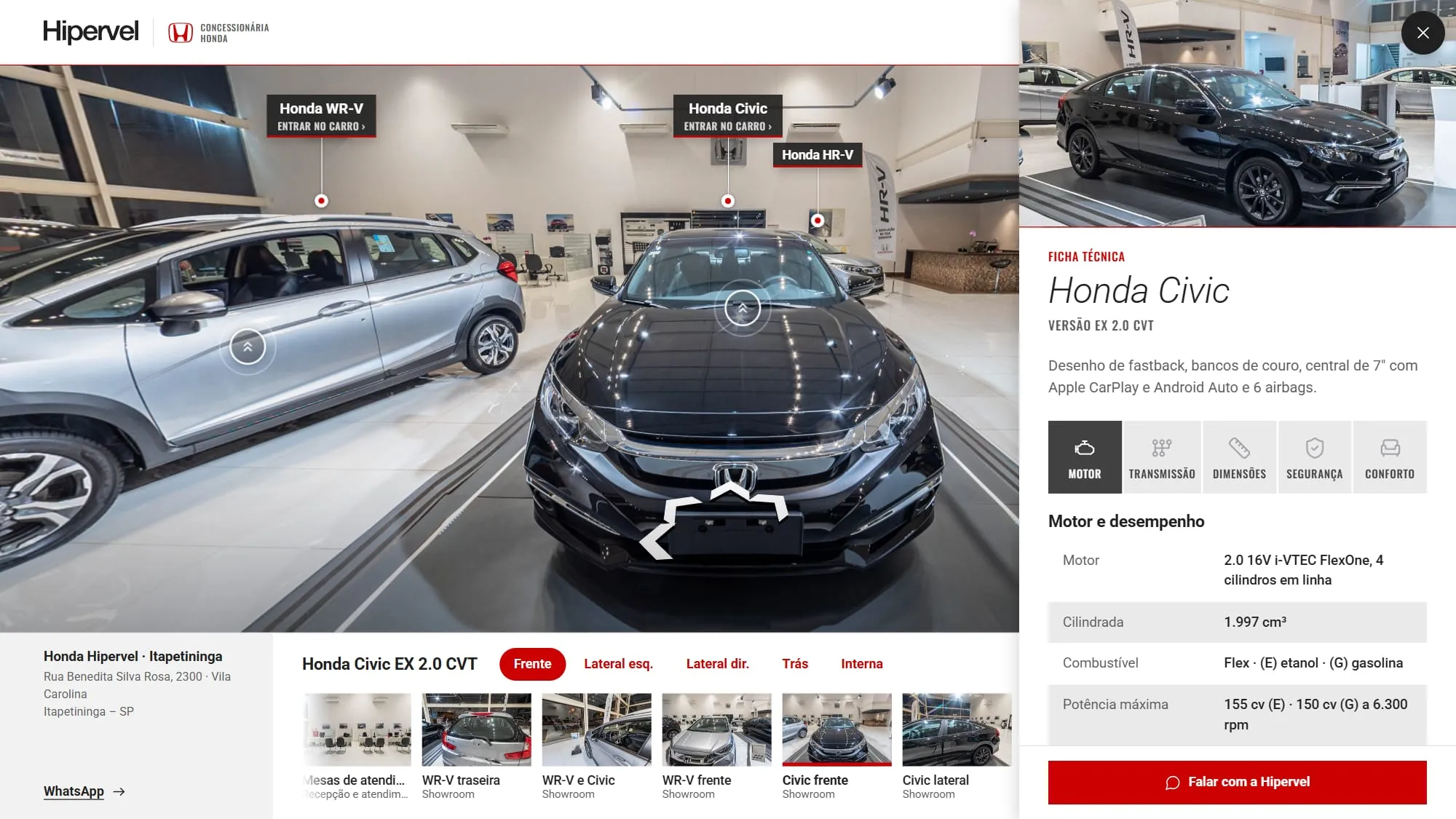 Ficha técnica do Honda Civic aberta ao lado do tour: foto do Civic preto no topo, Ficha técnica, Honda Civic, a descrição, as abas com ícone Motor, Transmissão, Dimensões, Segurança e Conforto, a lista zebrada Motor e desempenho e o botão vermelho Falar com a Hipervel no rodapé