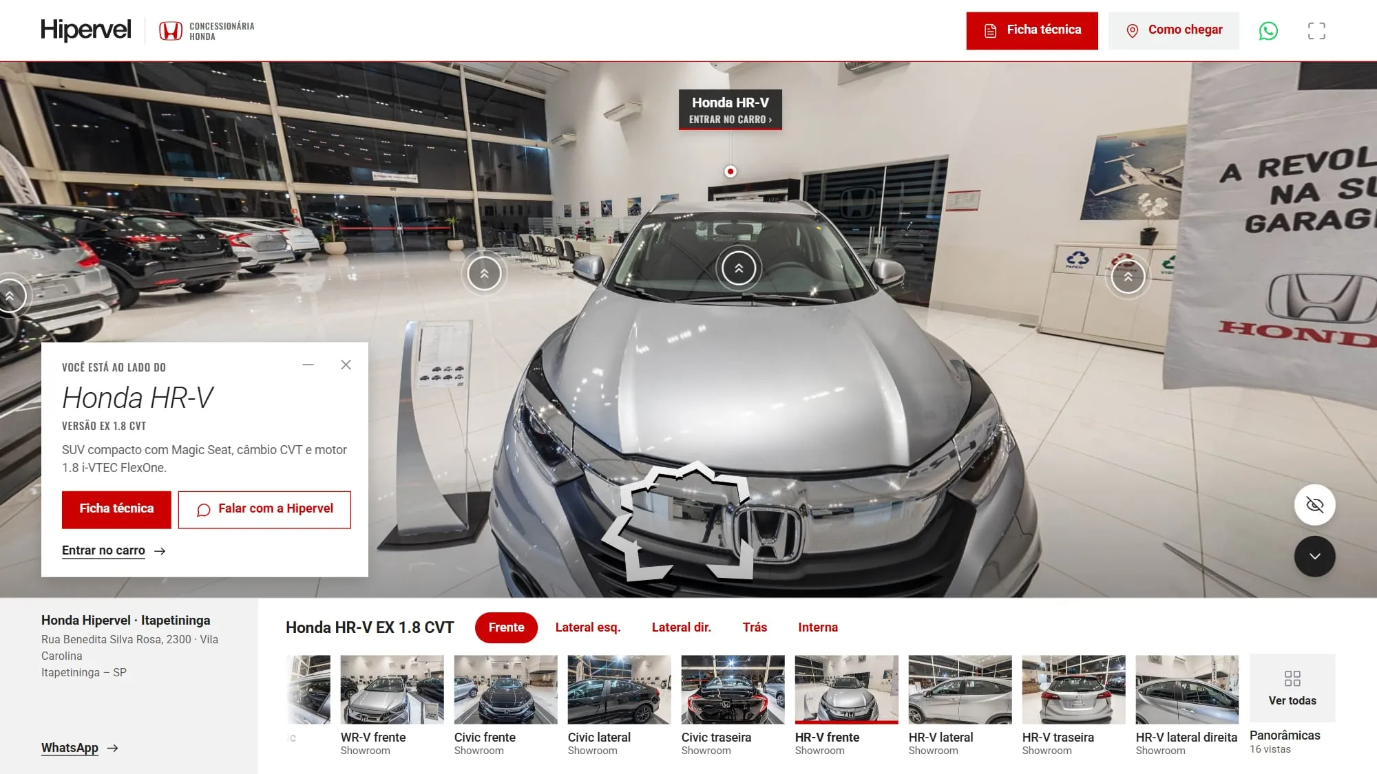 Tour ao lado do HR-V prata com o cartão de proximidade aberto: Você está ao lado do, Honda HR-V, a frase do modelo, o botão vermelho Ficha técnica, o botão Falar com a Hipervel e o link Entrar no carro; no topo, os botões Ficha técnica e Como chegar