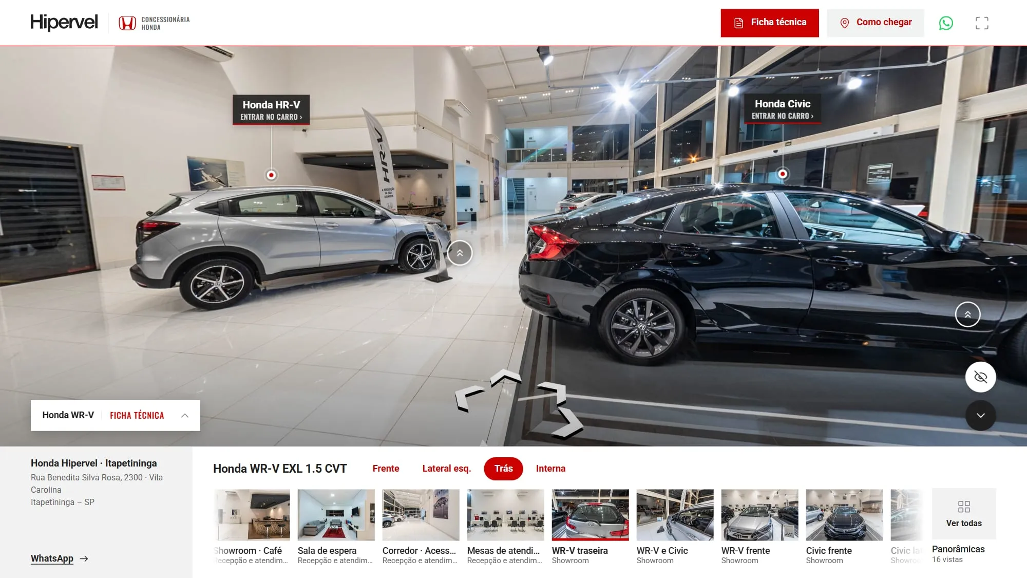 Tour no salão do showroom com os rótulos Honda HR-V · Entrar no carro sobre um HR-V prata e Honda Civic · Entrar no carro sobre um Civic preto, setas de navegação no chão, a pílula Honda WR-V · Ficha técnica e, embaixo, os chips das vistas e as miniaturas dos ambientes