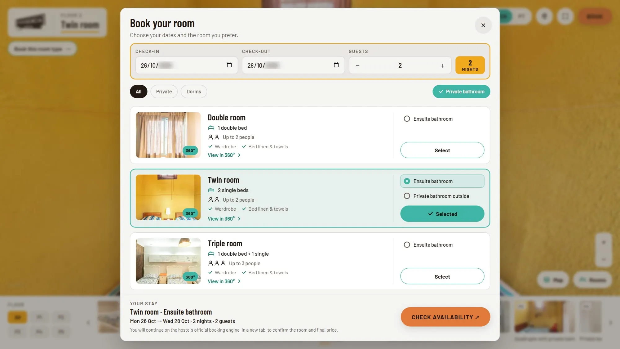 Book your room window in the tour, with check-in and check-out dates, two guests and two nights, the Private bathroom filter on and the twin room with ensuite bathroom selected, summarised under Your stay next to the Check availability button