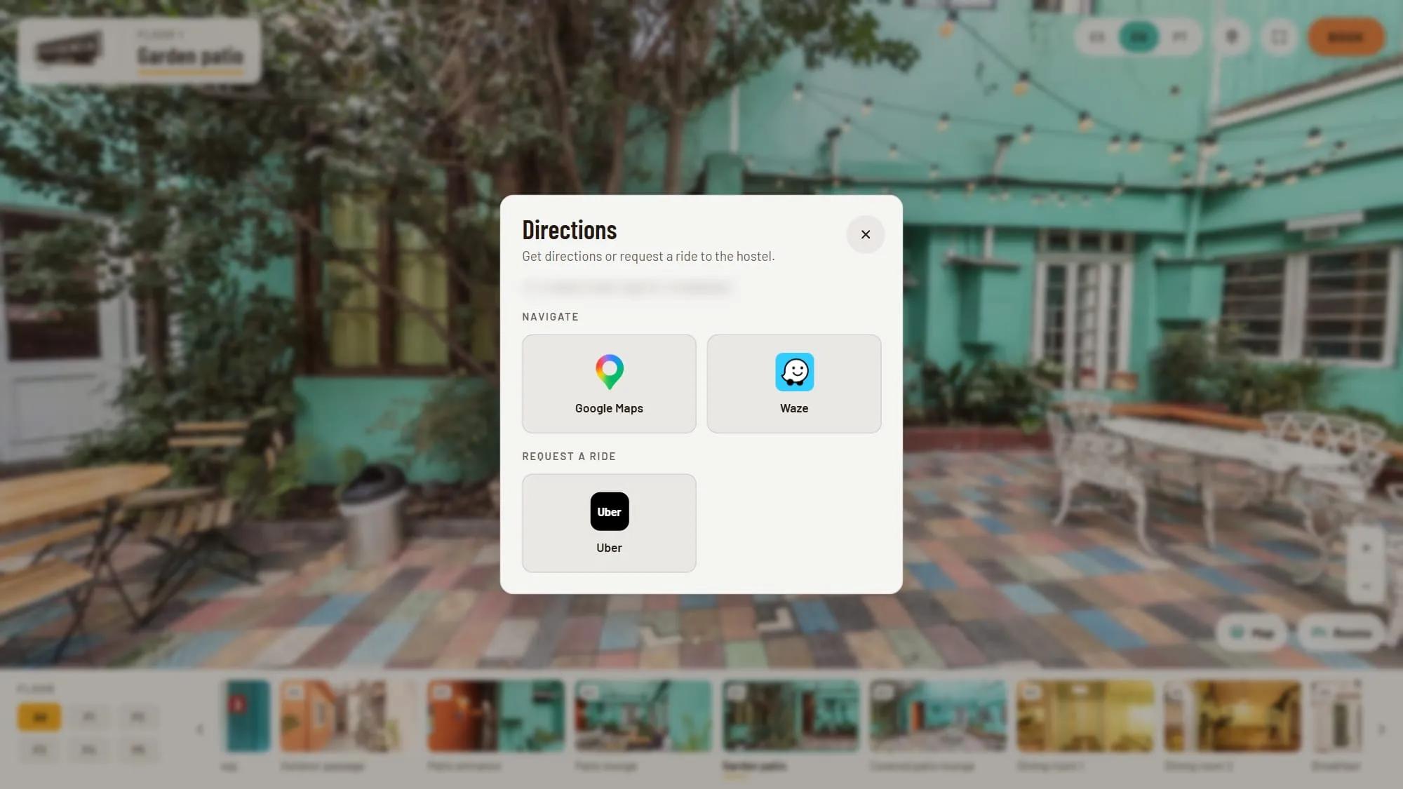 Directions window in the tour with the hostel address blurred, Google Maps and Waze buttons to navigate and an Uber button to request a ride