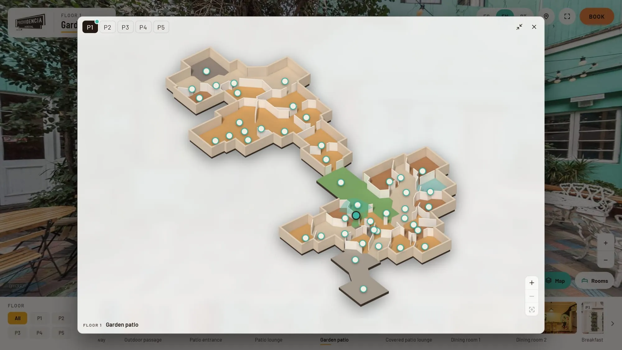 Enlarged floor plan of Hostal Providencia's first floor in the tour, with a dot for each 360° view, the current position with its viewing cone, tabs for floors P1 to P5 and the caption Floor 1 · Garden patio