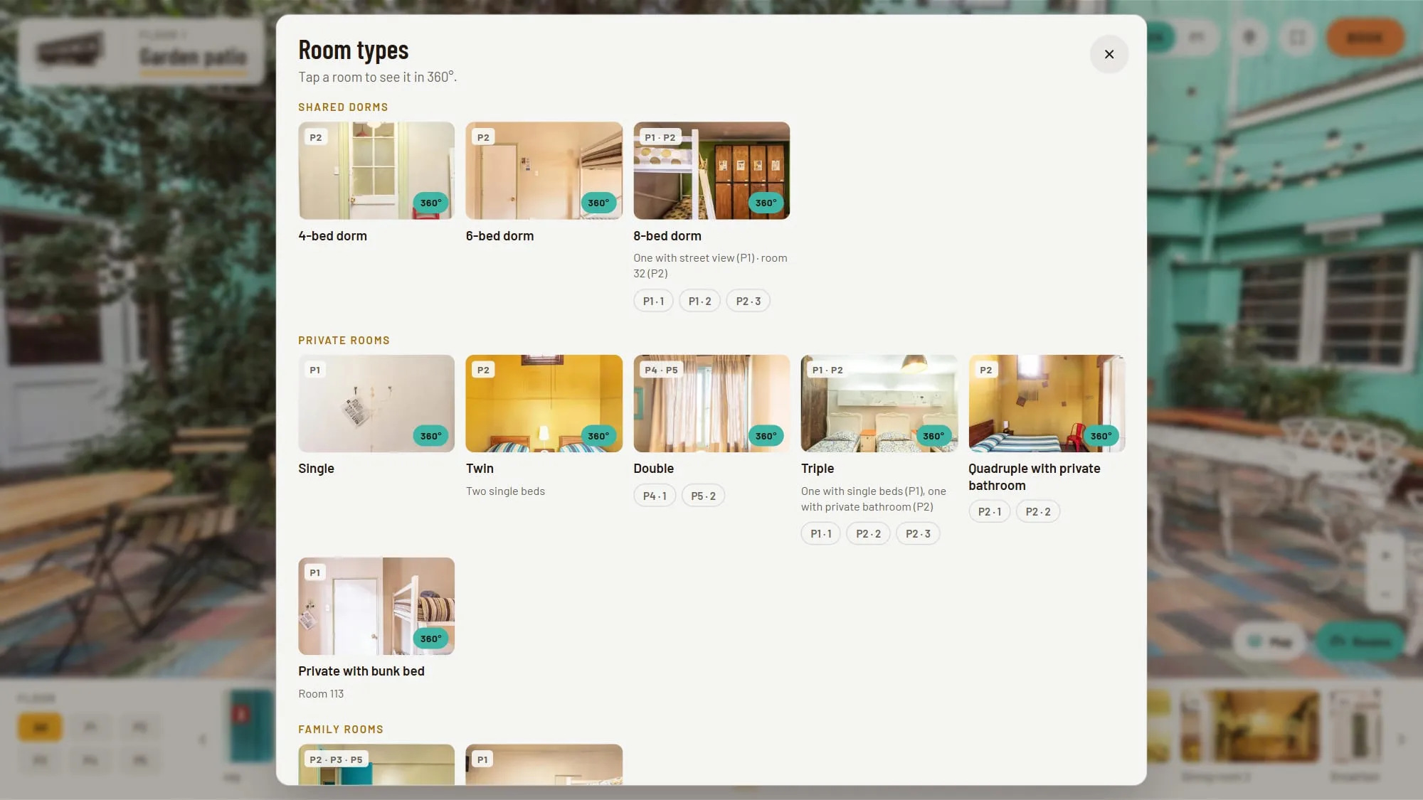 Room types panel open over the tour, listing shared 4-, 6- and 8-bed dorms and private single, twin, double, triple, quadruple with private bathroom and private bunk-bed rooms, each with a thumbnail, a 360° badge and the floor where it is