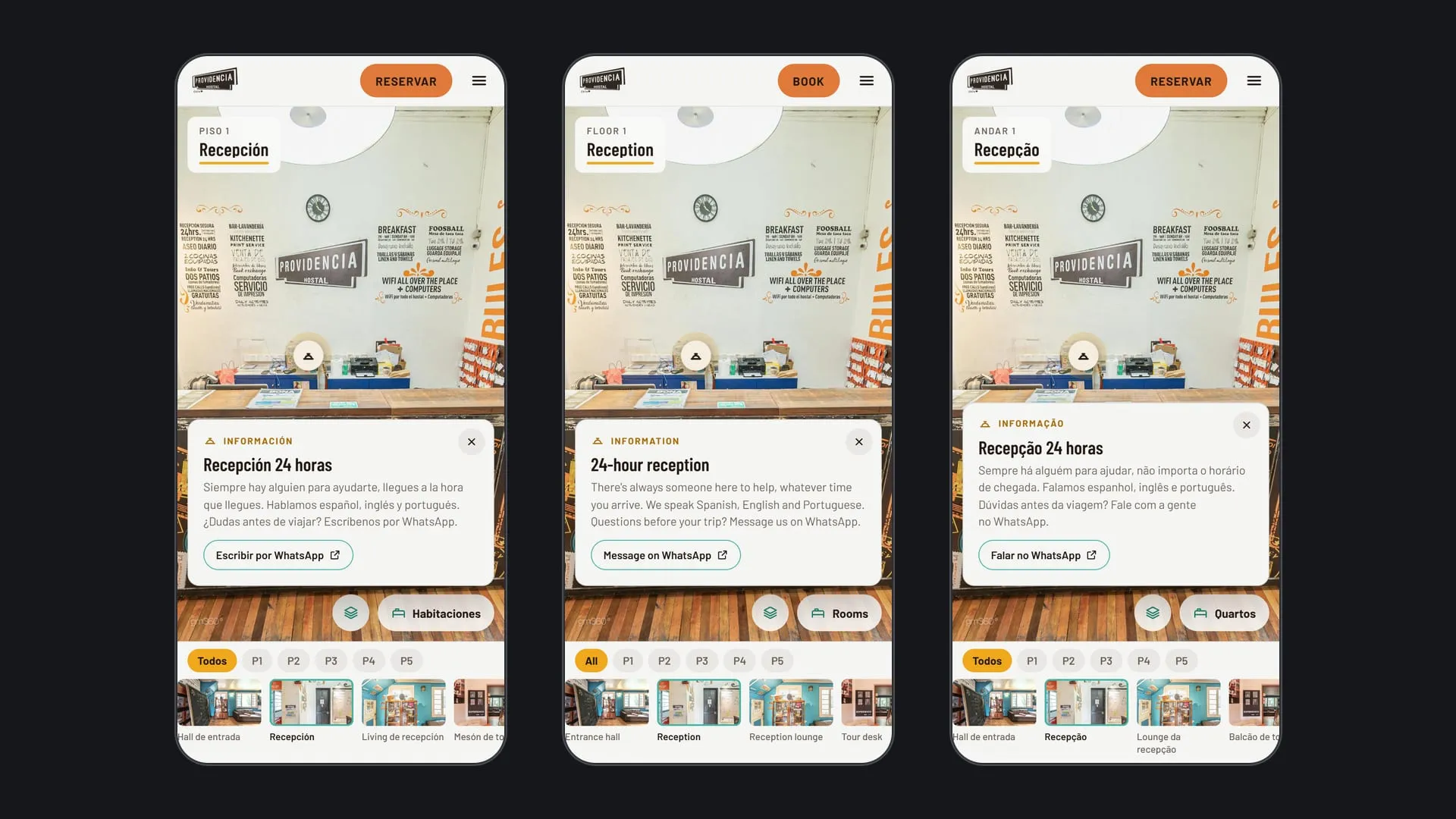 Três celulares com a recepção do hostel no tour, em espanhol, inglês e português, com o ponto de informação Recepção 24 horas aberto, o botão Reservar ou Book no alto, o botão de quartos e a galeria com o filtro por andar traduzidos