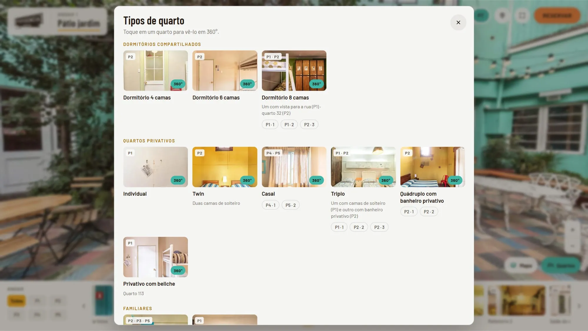 Painel Tipos de quarto do tour 360° do Hostal Providencia aberto sobre o pátio, com os grupos Dormitórios compartilhados e Quartos privativos, cada categoria com miniatura, selo 360°, o andar em que fica e atalhos para cada vista
