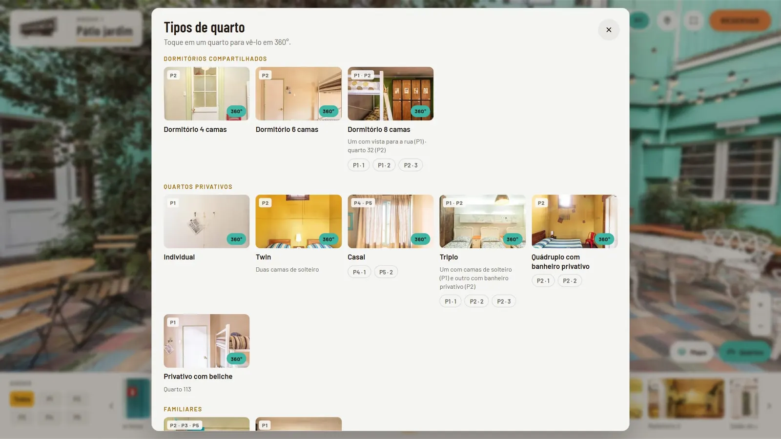 Painel Tipos de quarto do tour 360° do Hostal Providencia aberto sobre o pátio, com os grupos Dormitórios compartilhados e Quartos privativos, cada categoria com miniatura, selo 360°, o andar em que fica e atalhos para cada vista