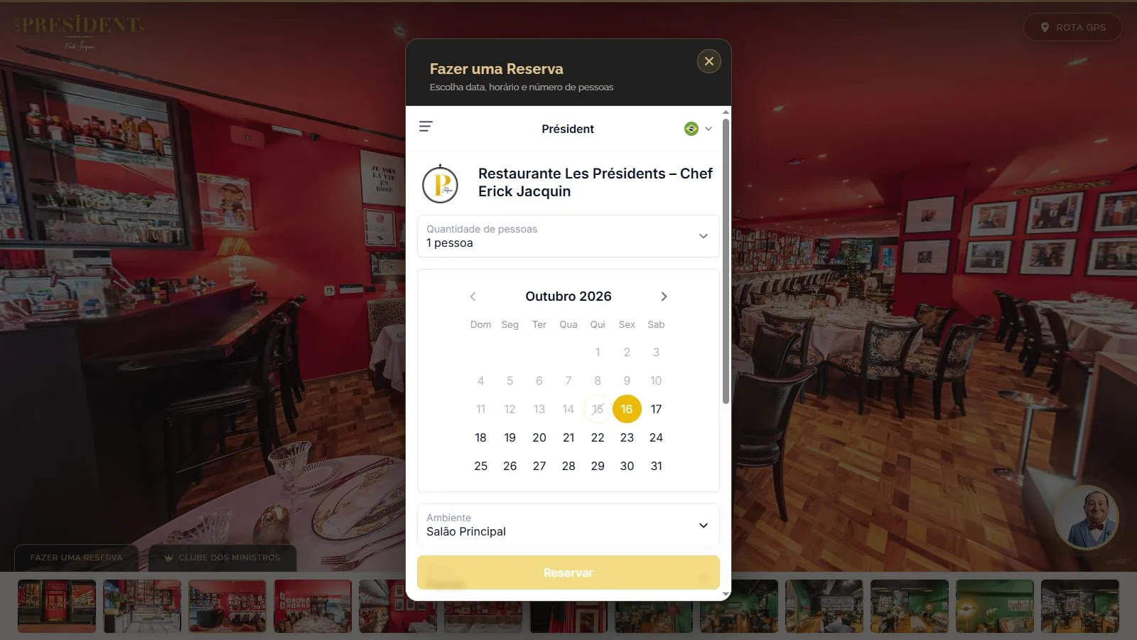 Janela Fazer uma Reserva aberta sobre o tour, com o sistema de reservas do restaurante: número de pessoas, calendário e ambiente