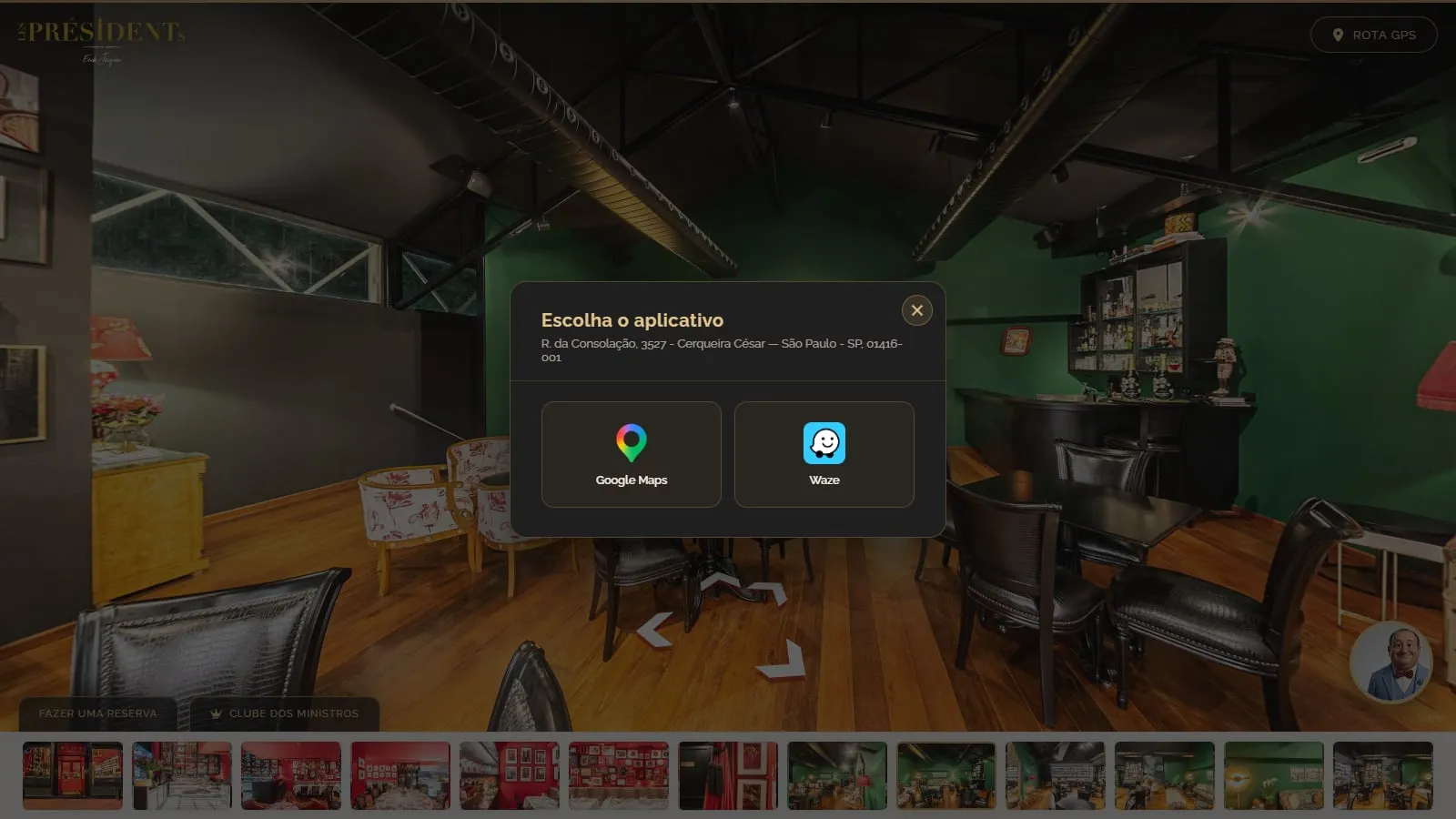 Janela Escolha o aplicativo aberta sobre o tour, com o endereço do restaurante e as opções Google Maps e Waze