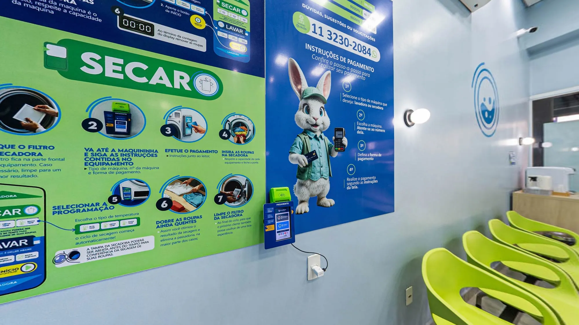 Painel de instruções para secar em sete passos e o cartaz de instruções de pagamento com o coelho mascote segurando cartão e maquininha, acima do totem de pagamento