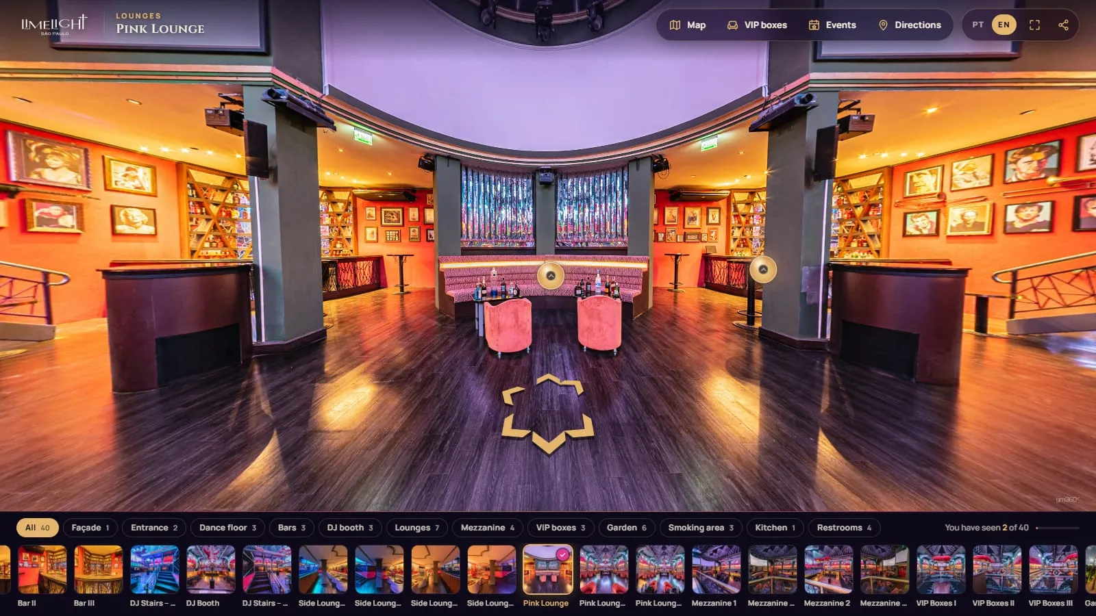 Tour da Limelight em inglês na vista Pink Lounge, com os botões Map, VIP boxes, Events e Directions, o seletor PT/EN com EN ativo e a galeria com os filtros em inglês, como Dance floor, Bars, VIP boxes e Garden, e a contagem You have seen 2 of 40