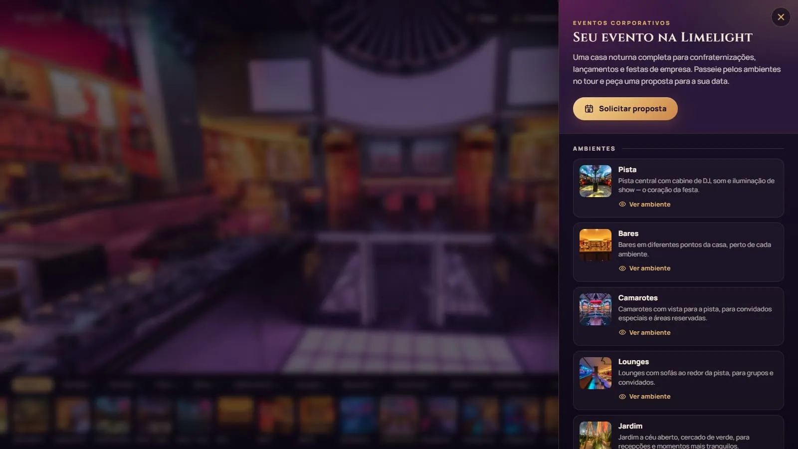 Painel lateral Seu evento na Limelight aberto sobre o tour, com o texto de apresentação, o botão Solicitar proposta e a lista de ambientes, pista, bares, camarotes, lounges e jardim, cada um com miniatura, uma frase e o link Ver ambiente