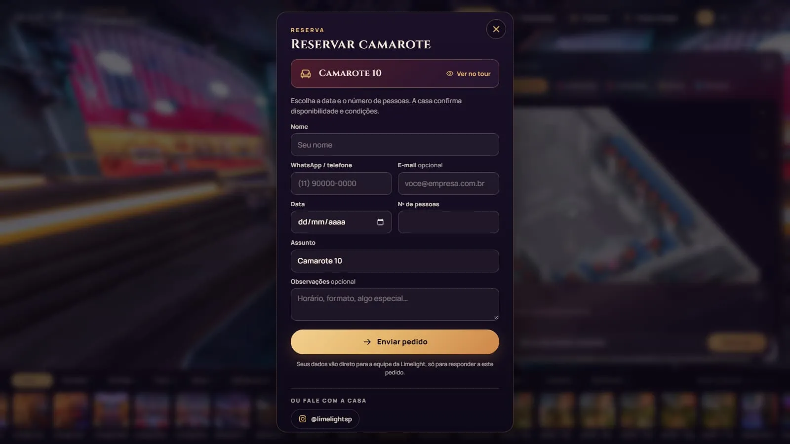 Janela Reservar camarote com o camarote escolhido e o link Ver no tour, os campos de nome, WhatsApp ou telefone, e-mail opcional, data, número de pessoas, assunto já preenchido e observações, o botão Enviar pedido e o Instagram da casa embaixo