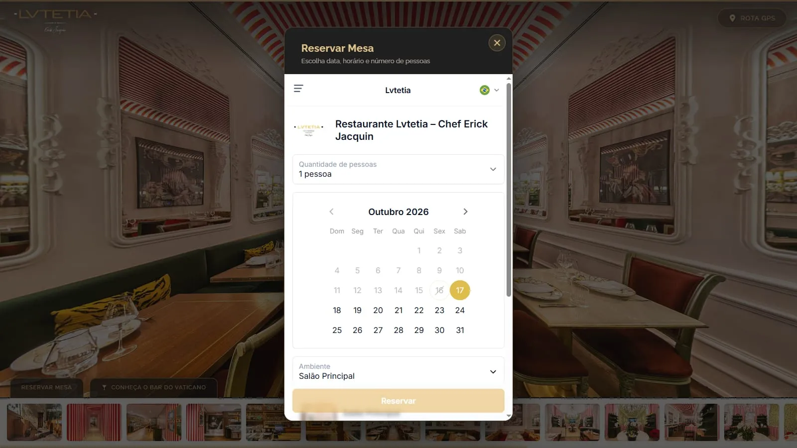Janela Reservar Mesa aberta sobre o tour, com o sistema de reservas do restaurante: número de pessoas, calendário e ambiente