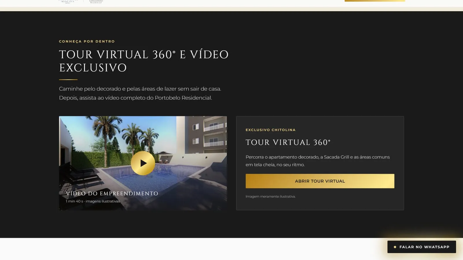Seção Tour virtual 360° e vídeo exclusivo da landing, com a capa do vídeo do empreendimento e o cartão Exclusivo Chitolina com o botão Abrir tour virtual